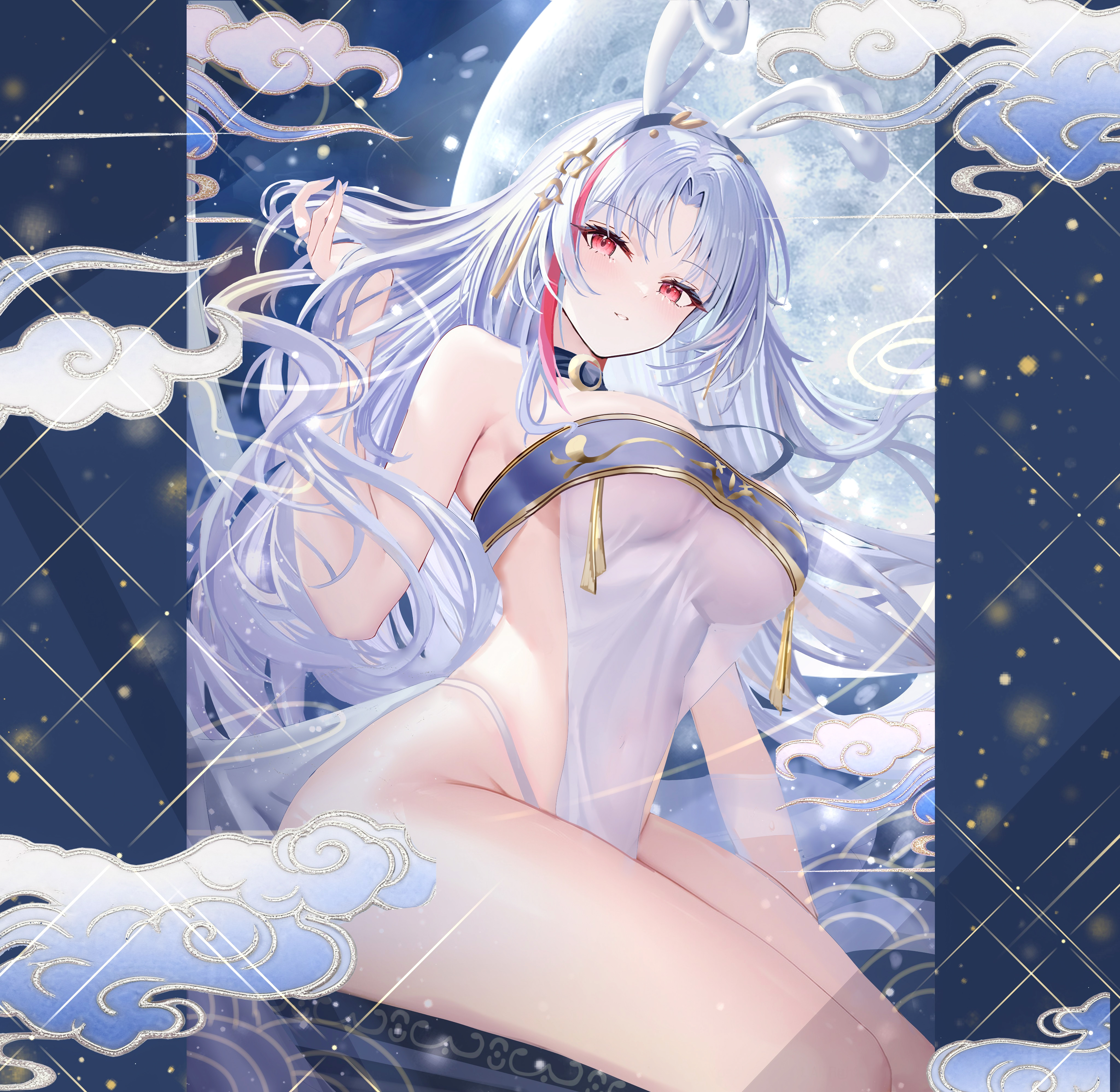 age fx, tallinn (azur lane), tallinn (night of full moon and overflowing love) (azur lane), azur lane, absurdres, commentary request, highres, 1girl, animal ear hairband, animal ears, blue tube top, blush, breasts, curvy, fake animal ears, full moon, gold trim, grey hair, hair intakes, hairband, hand up, highleg, highleg panties, large breasts, long hair, looking at viewer, moon, multicolored hair, official alternate costume, official alternate hairstyle, panties, rabbit ear hairband, rabbit ears, red eyes, red streaks, sitting, smile, solo, strapless, streaked hair, tabard, thick thighs, thighs, tube top, underwear, very long hair, white panties, white tabard, xiangyun