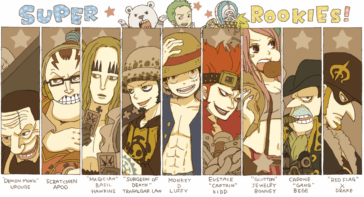 yukke, basil hawkins, bepo (one piece), capone gang bege, eustass kid, jewelry bonney, killer (one piece), monkey d. luffy, roronoa zoro, scratchmen apoo, trafalgar law, urouge, x drake, one piece, supernova, 1girl, 6+boys, abs, bags under eyes, bear, beard, belt, black hair, blonde hair, breasts, brown eyes, brown hair, card, chain, character name, cigar, cowboy hat, crop top, cross, cut-in, eating, english text, everyone, facial hair, facial mark, food, fur trim, fuzzy hat, glasses, goatee, goggles, green hair, grey eyes, grin, hat, headphones, helmet, hood, hoodie, jolly roger, jumpsuit, lineup, lipstick, long hair, long sideburns, looking at viewer, makeup, male focus, mask, medium breasts, midriff, multiple boys, muscular, open clothes, open shirt, pink hair, pirate, pizza, polka dot, polka dot shirt, profile, raglan sleeves, red eyes, red hair, sabaody archipelago, scar, serious, shirt, shorts, sideburns, smile, star (symbol), straw hat, striped clothes, striped shirt, striped shorts, suspenders, sword, tattoo, vertical stripes, vest, weapon, wings