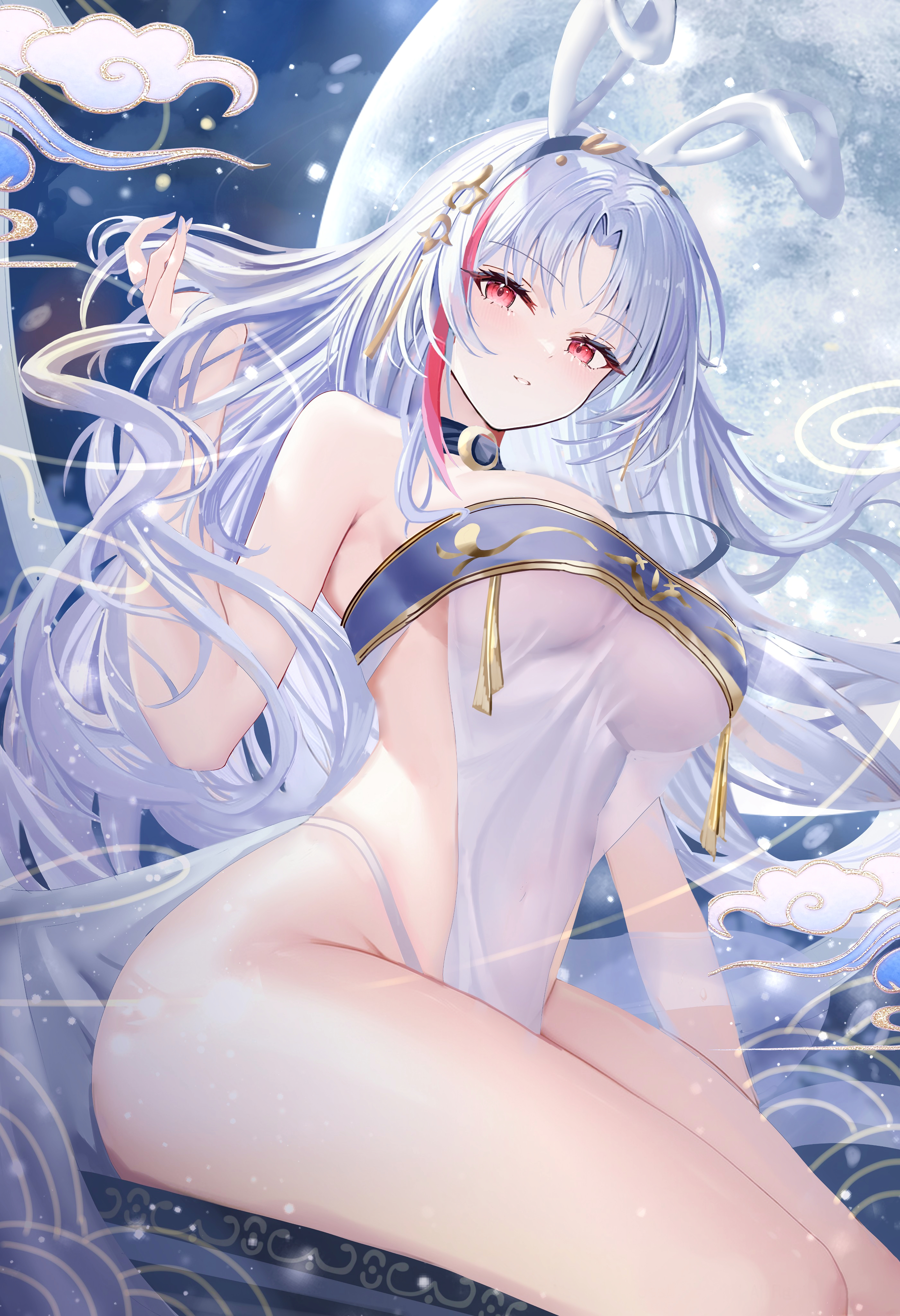 age fx, tallinn (azur lane), tallinn (night of full moon and overflowing love) (azur lane), azur lane, absurdres, commentary request, highres, 1girl, animal ear hairband, animal ears, blue tube top, blush, breasts, fake animal ears, full moon, gold trim, grey hair, hair intakes, hairband, hand up, highleg, highleg panties, large breasts, long hair, looking at viewer, moon, multicolored hair, official alternate costume, official alternate hairstyle, panties, rabbit ear hairband, rabbit ears, red eyes, red streaks, sitting, smile, solo, strapless, streaked hair, tabard, thighs, tube top, underwear, very long hair, white panties, white tabard, xiangyun