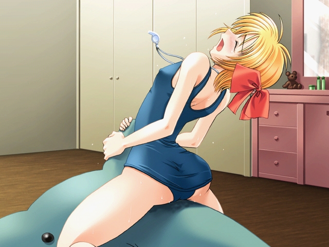 ikeda jun (aquaqua), hyuuga yui, tenjou-ura kara ai wo komete, bad source, game cg, 1girl, arched back, blonde hair, blue one-piece swimsuit, blush, bow, breasts, closed eyes, covered erect nipples, crotch rub, dolphin, female focus, female masturbation, hair bow, hair ornament, hair ribbon, masturbation, old school swimsuit, one-piece swimsuit, open mouth, orange hair, panties, pussy juice, red bow, ribbon, school swimsuit, short hair, small breasts, solo, straddling, stuffed animal, stuffed toy, swimsuit, teddy bear, underwear, wet, wet clothes, wet panties, wet swimsuit, whistle, whistle around neck, wooden floor