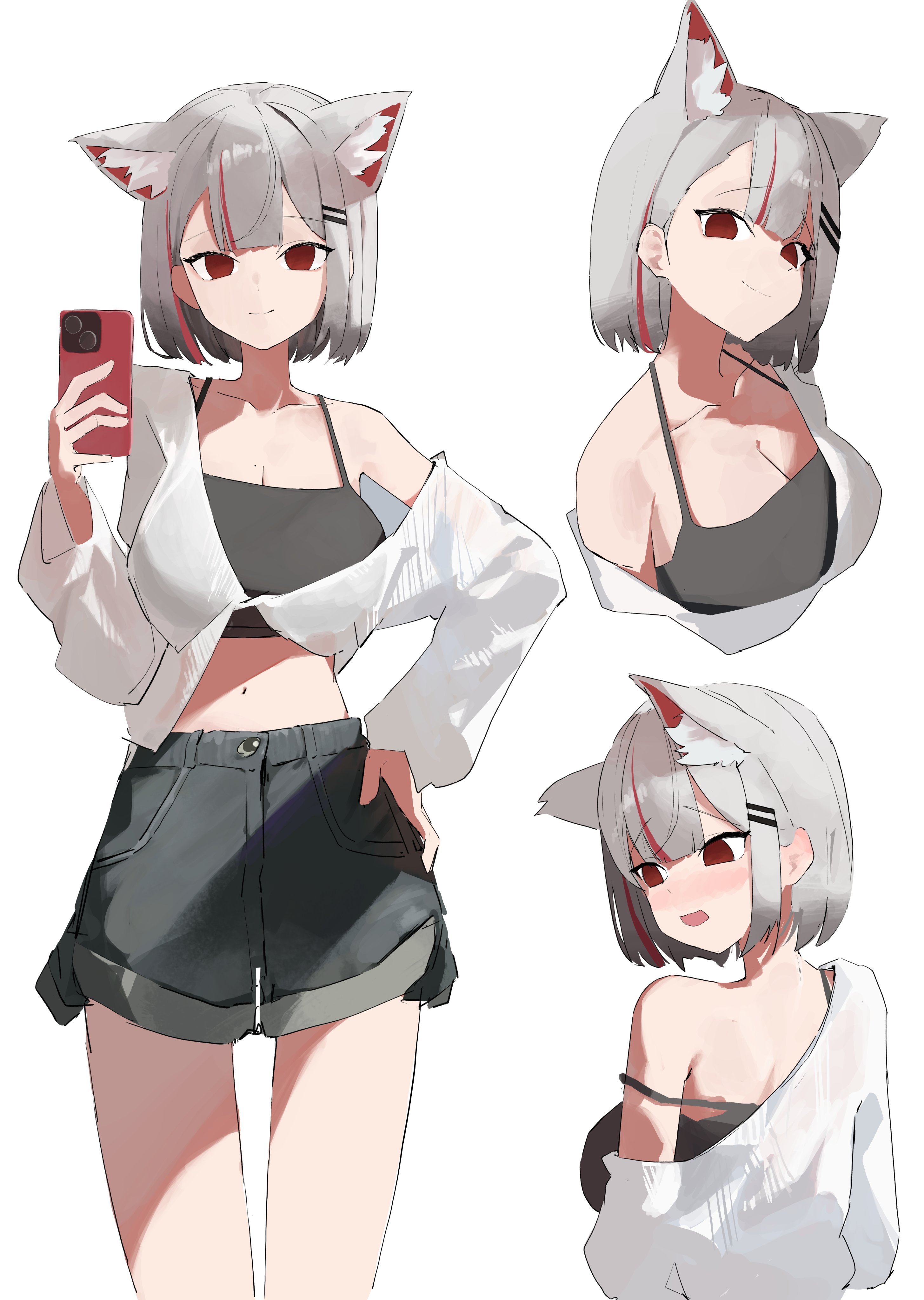 k.gj, neneko mashiro, stellive, absurdres, commentary request, highres, korean commentary, 1girl, animal ear fluff, animal ears, black camisole, breasts, camisole, cardigan, cellphone, center-flap bangs, cleavage, closed mouth, crop top, denim, denim shorts, double-parted bangs, empty eyes, grey hair, grey shorts, hair ornament, hairclip, hand on own hip, hand up, holding, holding phone, large breasts, looking at viewer, looking to the side, midriff, multicolored hair, multiple views, navel, off shoulder, open cardigan, open clothes, open mouth, parallel hairclips, phone, red eyes, short hair, short shorts, shorts, simple background, smartphone, smile, split mouth, standing, strap slip, streaked hair, turning head, virtual youtuber, white background, white cardigan