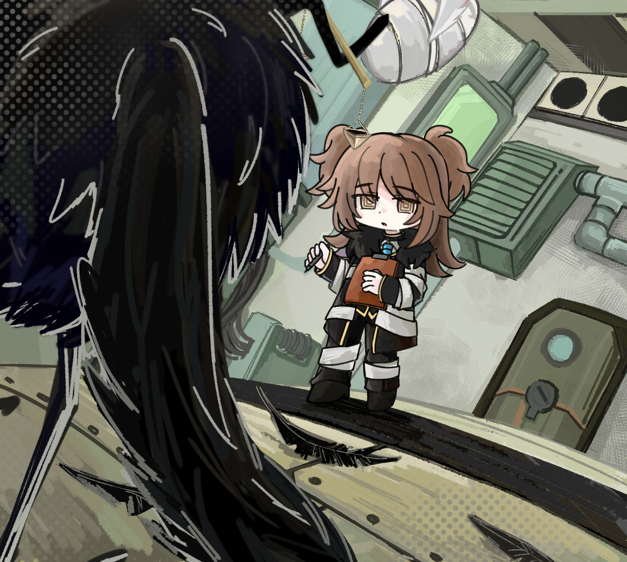employee (project moon), judgement bird, nugget (project moon), lobotomy corporation, project moon, 1girl, balance scale, bandaged head, bandages, bandages over clothes, bandages over eyes, bird, black feathers, black pants, black shoes, blue necktie, brown eyes, brown hair, clipboard, creature, deformed, door, e.g.o (project moon), feathers, fur-trimmed jacket, fur trim, gold trim, halftone, holding, holding clipboard, holding pen, in-universe location, indoors, jacket, justitia (e.g.o), long hair, mingtiaogaoyue, necktie, pants, parted lips, pen, ringed eyes, shoes, sidelocks, square pupils, standing, two side up, vent (object), weighing scale