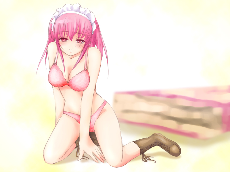wilhelmina carmel, shakugan no shana, non-web source, 00s, 1girl, boots, bra, female focus, kneeling, lingerie, panties, pink hair, red eyes, short hair, solo, underwear, underwear only