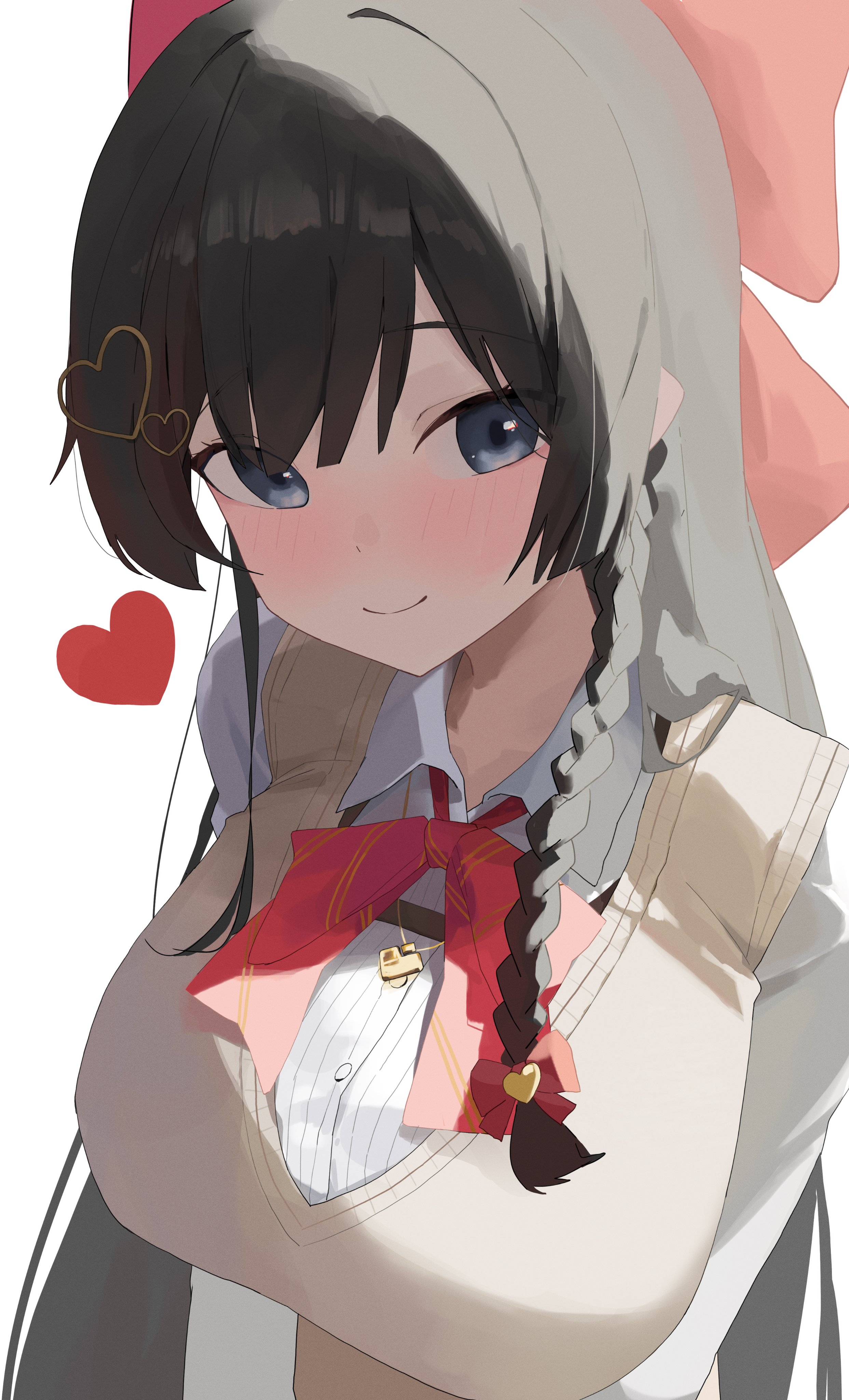 k.gj, shirayuki hina, stellive, absurdres, commentary, highres, symbol-only commentary, 1girl, black hair, blue eyes, blush, bow, bowtie, braid, breasts, brown sweater vest, closed mouth, collared shirt, diagonal-striped bow, diagonal-striped bowtie, diagonal-striped clothes, hair bow, hair ornament, heart, heart hair ornament, huge breasts, long hair, long sleeves, parted bangs, red bow, red bowtie, shirt, side braid, sidelighting, simple background, smile, solo, straight hair, striped bow, striped bowtie, striped clothes, sweater vest, upper body, very long hair, virtual youtuber, white background, white shirt, wing collar