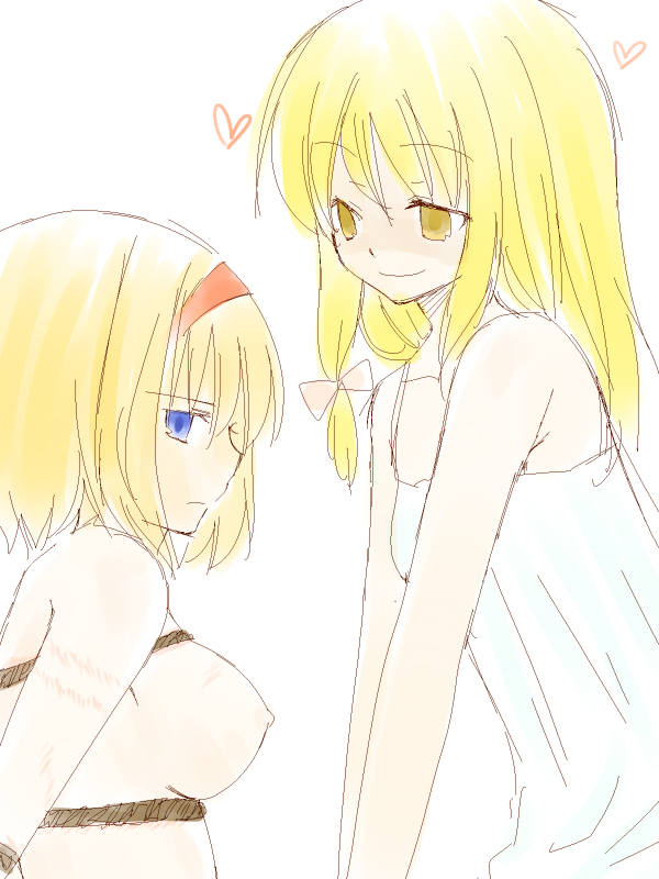 you at pome, alice margatroid, kirisame marisa, touhou, looking away, bad id, bad pixiv id, 2girls, angry, bare shoulders, bdsm, blonde hair, blue eyes, bondage, bound, breasts, camisole, chemise, clothed female nude female, female focus, hair ribbon, hairband, heart, injury, long hair, medium breasts, multiple girls, naughty face, nipples, nude, oekaki, ribbon, rope, rope burn, rope marks, serious, short hair, small breasts, smile, v arms, yellow eyes, yuri