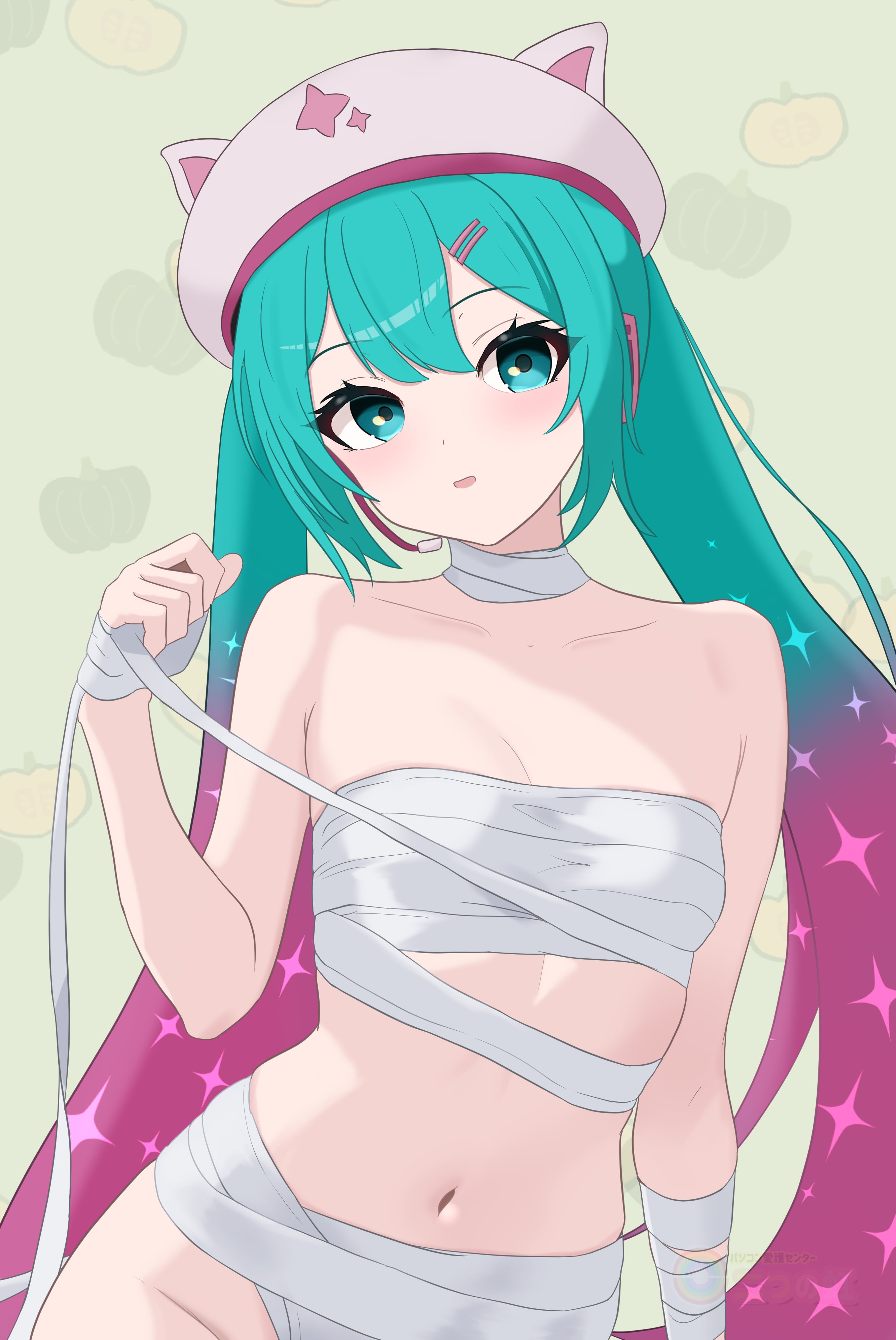 futatunoniji, hatsune miku, neko hatsune miku, fortnite, vocaloid, absurdres, highres, 1girl, animal hat, aqua eyes, aqua hair, bandaged chest, bandaged torso, bandages, breasts, cat hat, gradient hair, hair ornament, hairclip, hat, headset, long hair, looking at viewer, midriff, multicolored hair, navel, open mouth, pink hair, pink hat, small breasts, solo, stomach, twintails, two-tone hair, very long hair