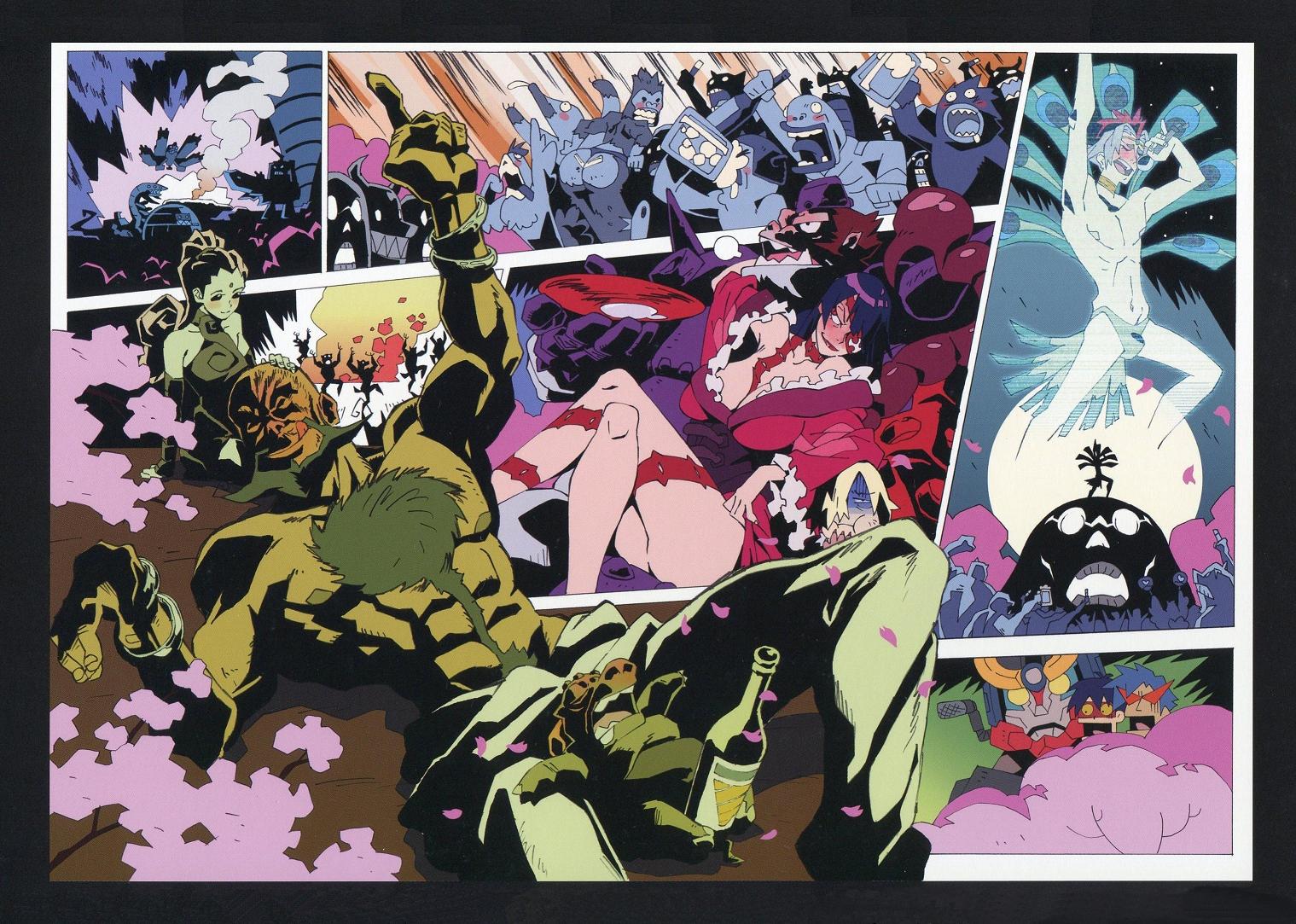 imaishi hiroyuki, adiane, cytomander, guame, kamina (ttgl), lordgenome, simon (ttgl), thymilph, viral (ttgl), tengen toppa gurren lagann, scan, 00s, 2girls, 6+boys, alcohol, blue male swimwear, blue swim briefs, bulge, drunk, male pubic hair, male swimwear, multiple boys, multiple girls, night, party, pubic hair, sick, surprised, swim briefs, swimsuit