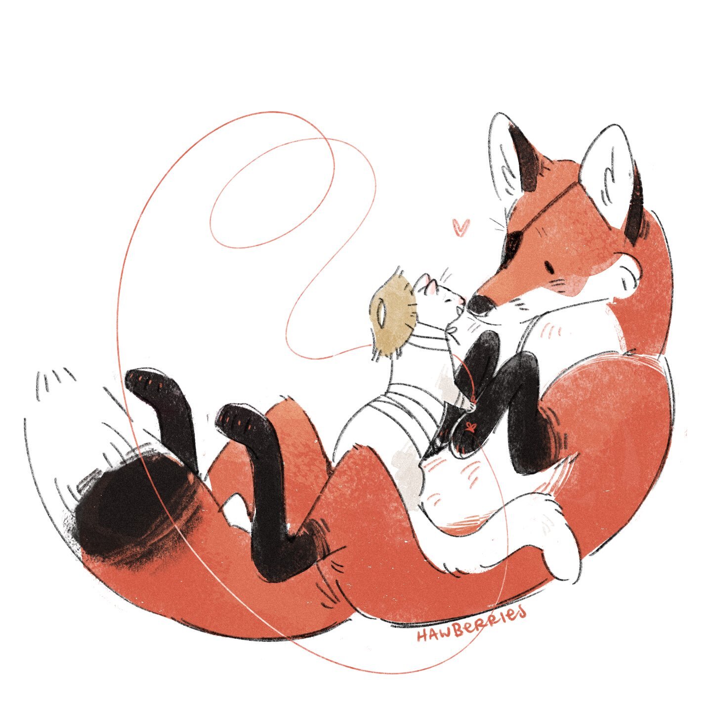 hawberries, hua cheng, xie lian, tianguan cifu, alt text, commentary, english commentary, highres, animal, animalization, bandaged arm, bandaged neck, bandaged torso, bandages, black eyes, closed eyes, couple, ears up, eyepatch, ferret, fluffy, fox, full body, hands on another's hands, hat, heart, looking at another, lying, no humans, on back, red fur, rice hat, signature, simple background, smile, spoken heart, standing on another's legs, string, string around finger, string of fate, white background, white fur