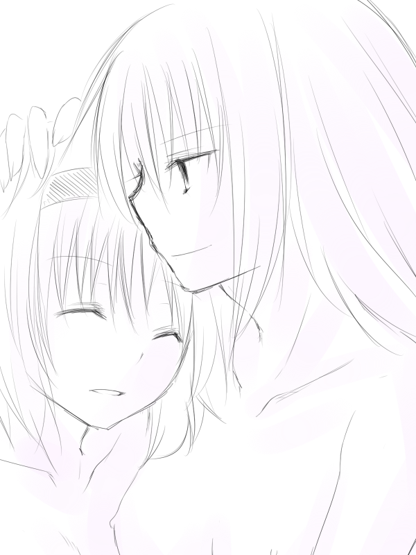 you at pome, alice margatroid, kirisame marisa, touhou, bad id, bad pixiv id, 2girls, breasts, female focus, greyscale, monochrome, multiple girls, nipples, pink theme, smile, topless female, yuri