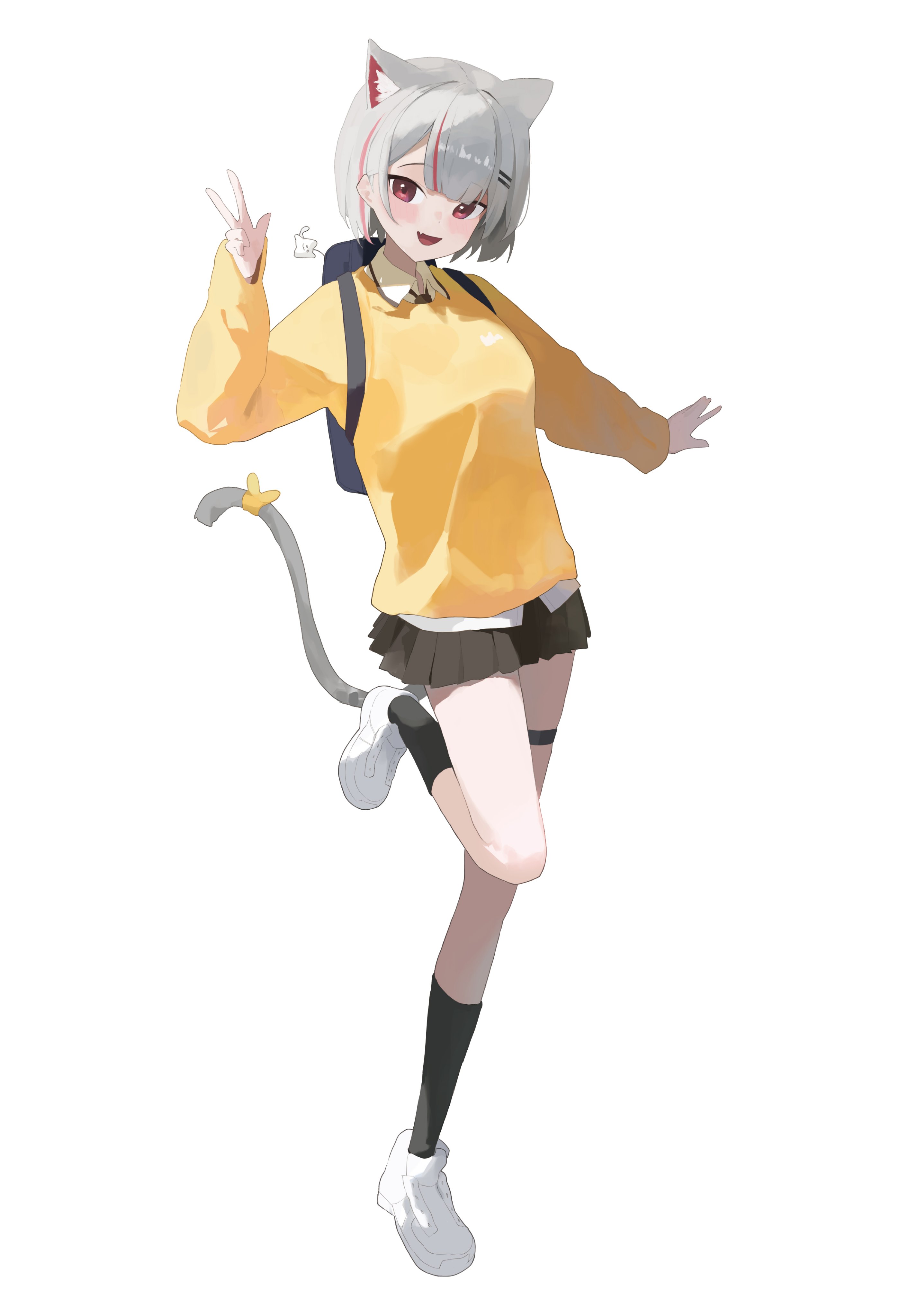 k.gj, neneko mashiro, stellive, absurdres, commentary request, highres, korean commentary, 1girl, animal ear fluff, animal ears, backpack, bag, black skirt, black socks, cat ears, cat girl, cat tail, fang, full body, grey hair, hand up, long sleeves, looking at viewer, miniskirt, multicolored hair, open mouth, parted bangs, pleated skirt, red eyes, ribbon, shoes, short hair, simple background, skin fang, skirt, smile, socks, solo, standing, standing on one leg, streaked hair, sweater, tail, tail ornament, tail ribbon, thigh strap, virtual youtuber, w, white background, white shoes, wing collar, yellow ribbon, yellow sweater