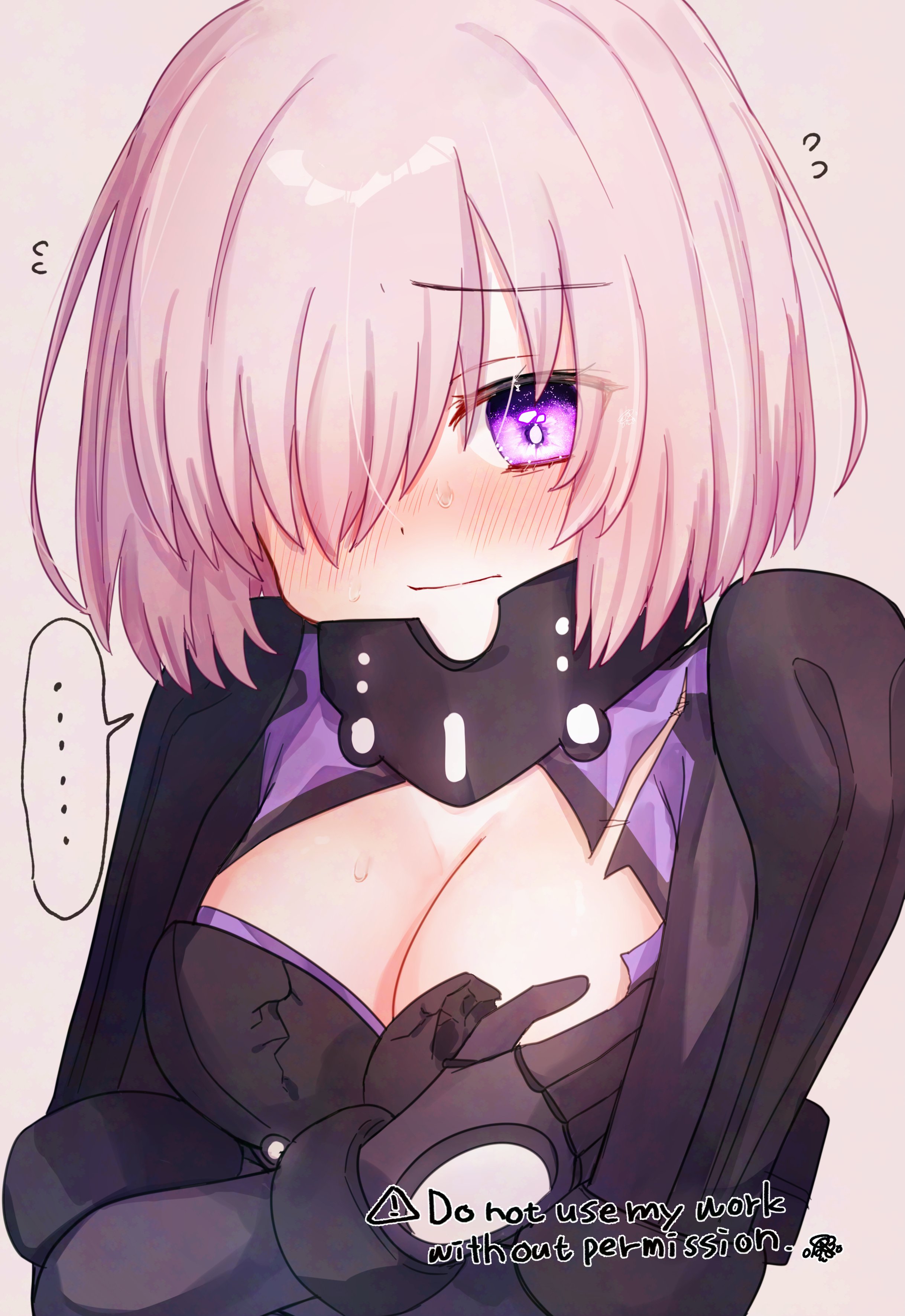 harukappa, mash kyrielight, mash kyrielight (ortenaus), fate/grand order, fate (series), absurdres, highres, 1girl, armor, armored leotard, black armor, black gloves, black leotard, blush, breasts, covering one breast, covering privates, embarrassed, flying sweatdrops, gloves, hair over one eye, large breasts, leotard, long hair, looking at viewer, one eye covered, pink hair, purple eyes, short hair, solo, straight hair, torn clothes, wavy mouth