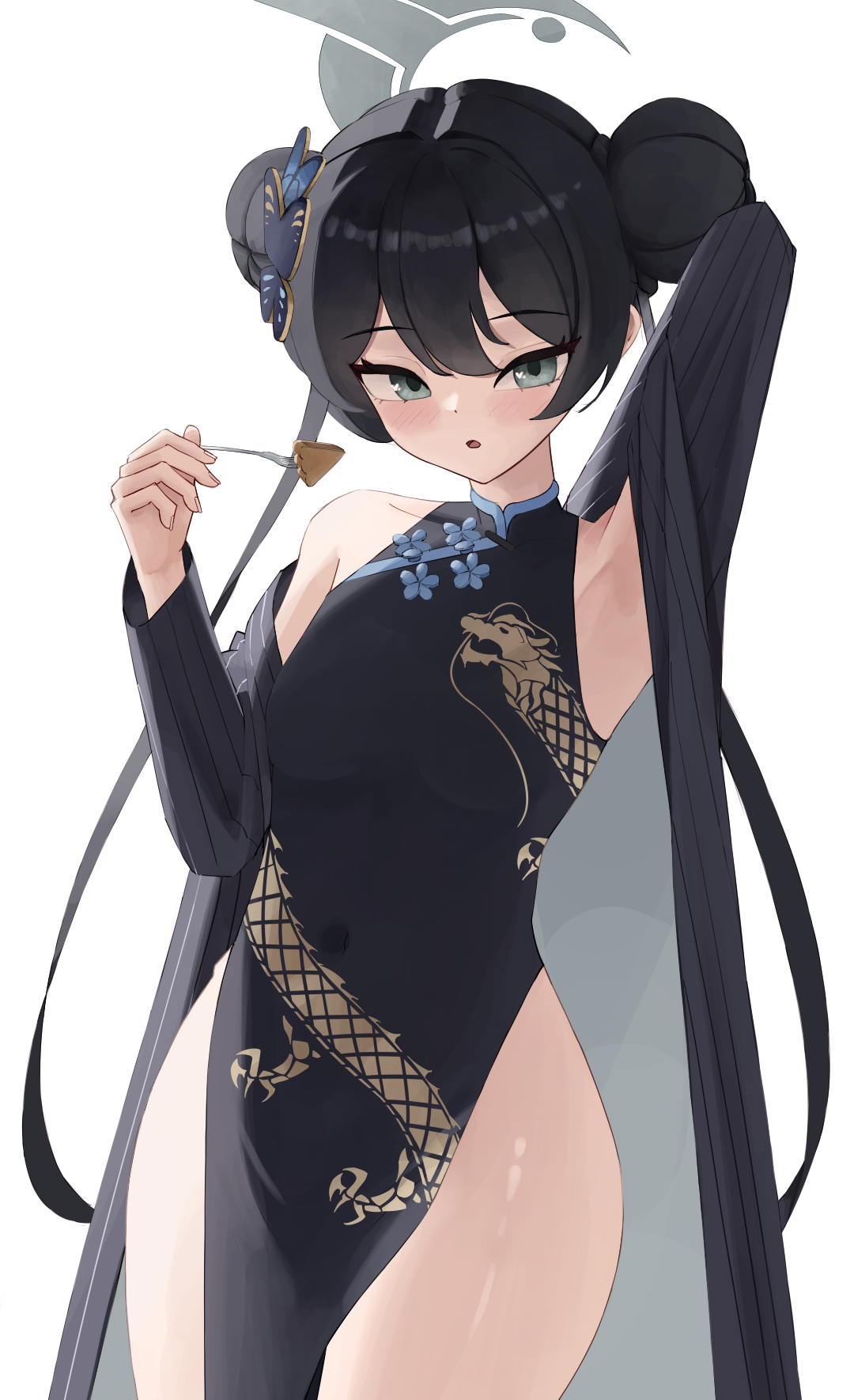 stellated icosahedron, kisaki (blue archive), blue archive, highres, 1girl, :o, arm up, armpits, bare legs, black coat, black dress, black hair, blush, breasts, butterfly hair ornament, china dress, chinese clothes, coat, covered navel, double bun, dragon print, dress, fork, hair bun, hair ornament, halo, holding, holding fork, long hair, looking at viewer, pelvic curtain, simple background, sleeveless, sleeveless dress, small breasts, solo, twintails, very long hair, white background
