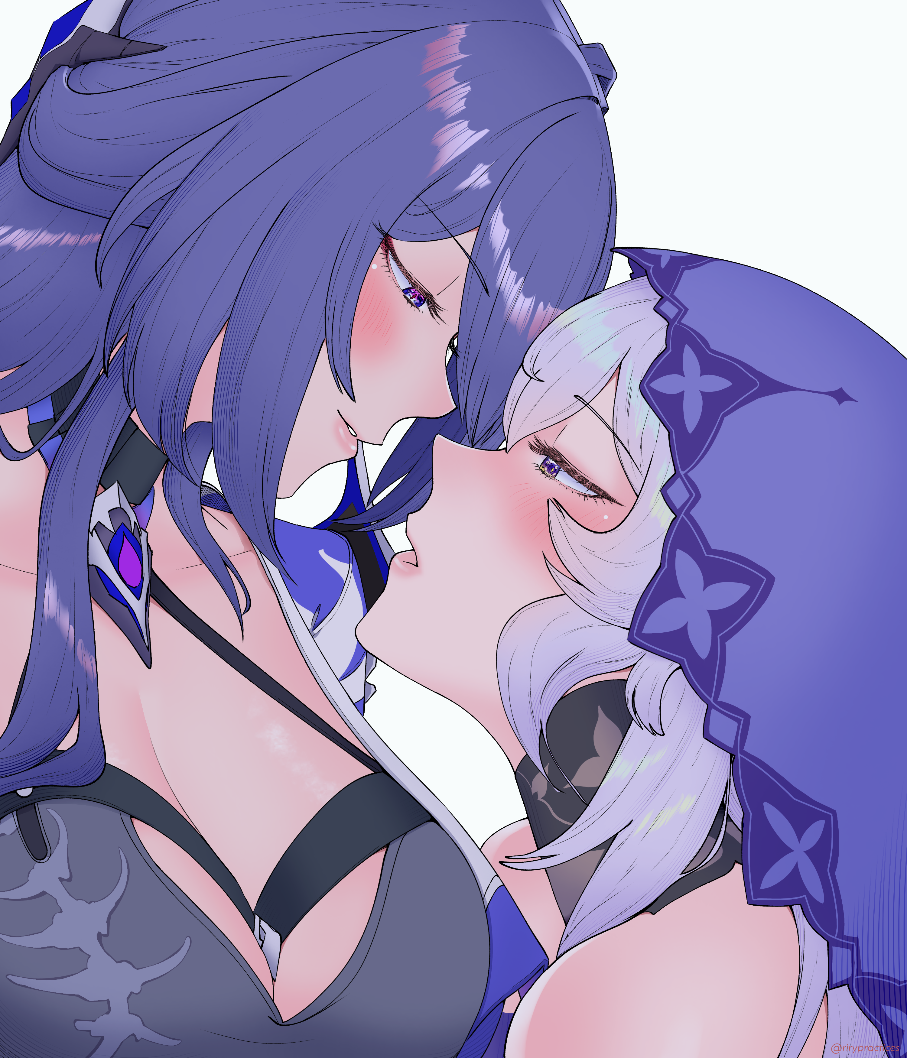 acheron (honkai: star rail), black swan (honkai: star rail), honkai: star rail, honkai (series), absurdres, highres, 2girls, bare shoulders, blush, breasts, choker, cleavage, close-up, hair ornament, large breasts, multiple girls, parted lips, purple eyes, purple hair, rirypractices, veil, white background, yuri