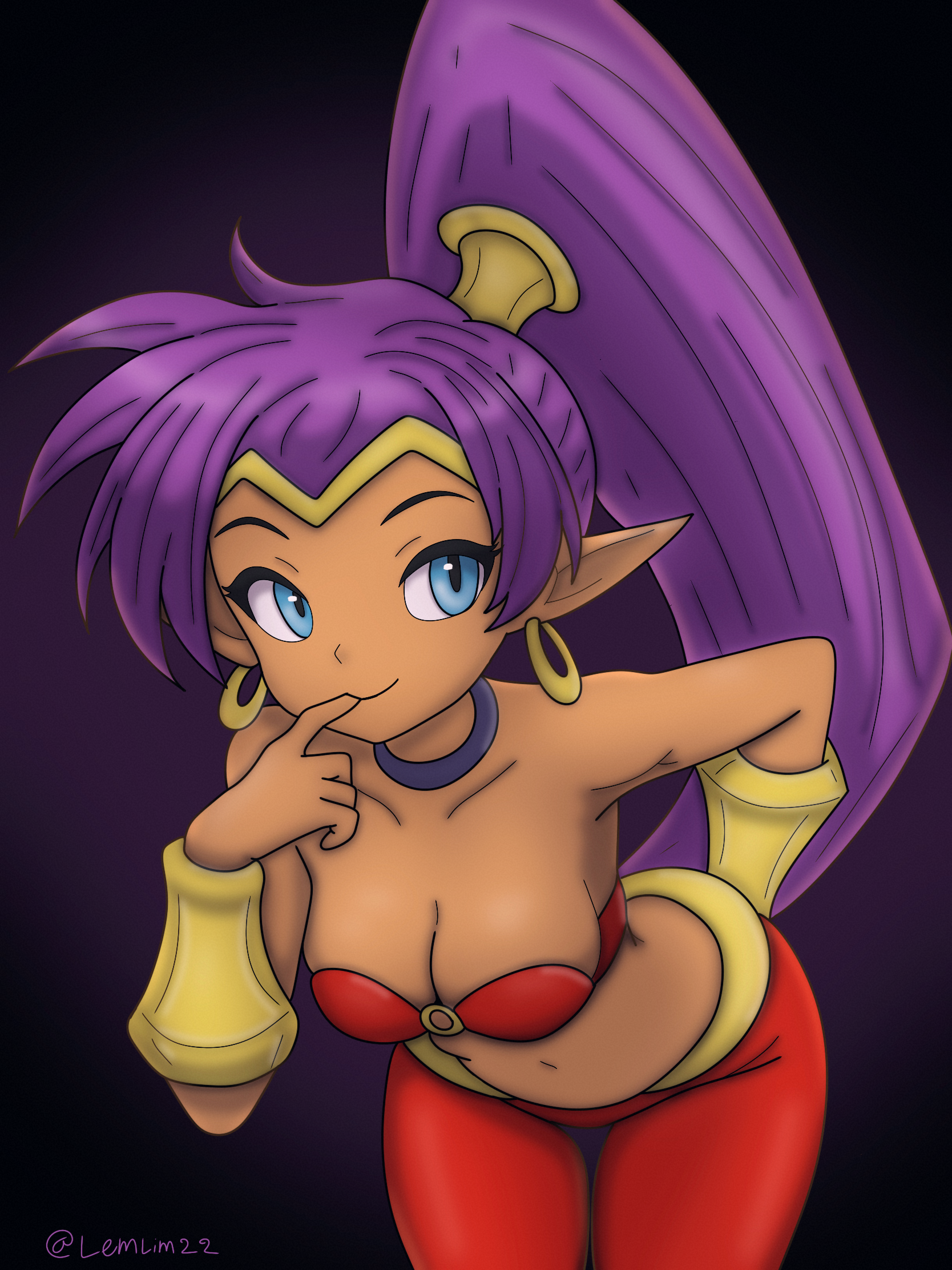lemonlime709, shantae, shantae (series), highres, 1girl, arm behind back, bandeau, bare shoulders, bent over, blue eyes, breasts, circlet, cleavage, closed mouth, collarbone, crop top, dark-skinned female, dark skin, earrings, finger to mouth, genie, gradient background, high ponytail, hoop earrings, jewelry, long hair, medium breasts, navel, pants, pointy ears, ponytail, purple background, purple hair, red pants, smile, solo, stomach, vambraces, very long hair