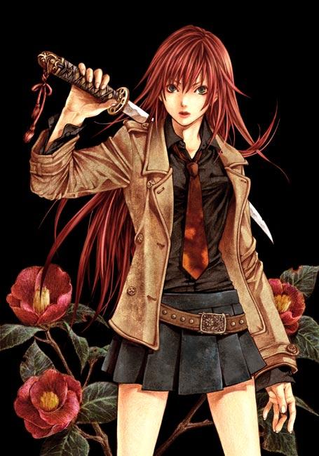 belt, brown hair, coat, flower, green eyes, katana, long hair, necktie, skirt, sword, weapon