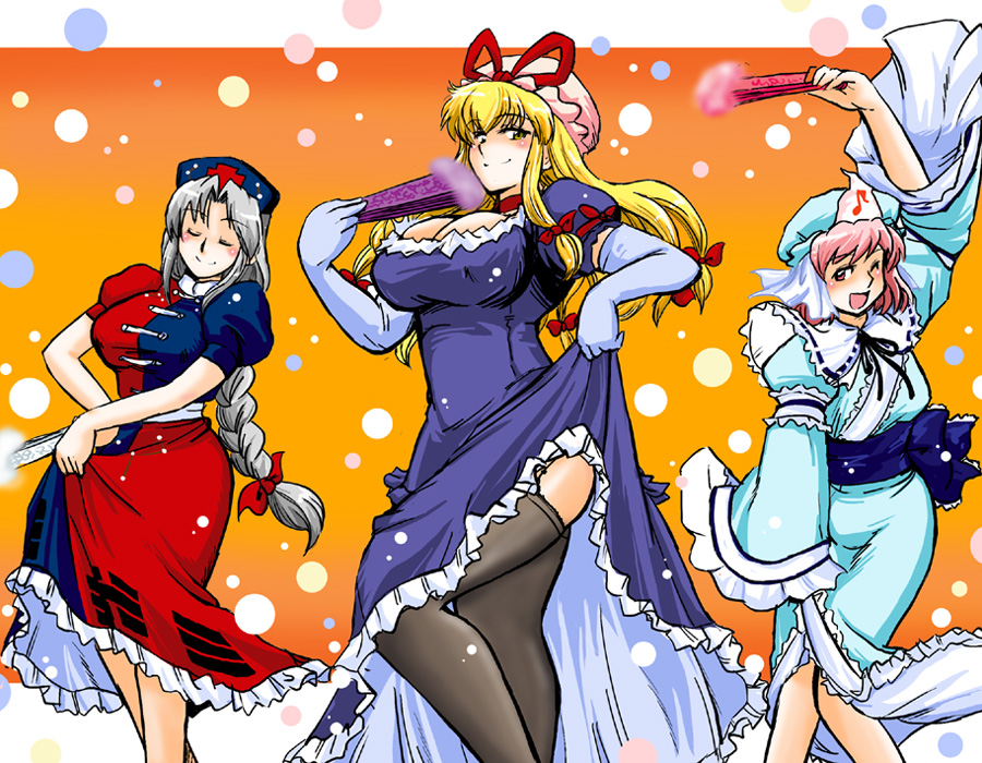 azuki osamitsu, saigyouji yuyuko, yagokoro eirin, yakumo yukari, touhou, 3girls, blonde hair, breasts, dancing, female focus, folded fan, folding fan, gloves, hand fan, large breasts, multiple girls, pink hair, thighhighs, white hair