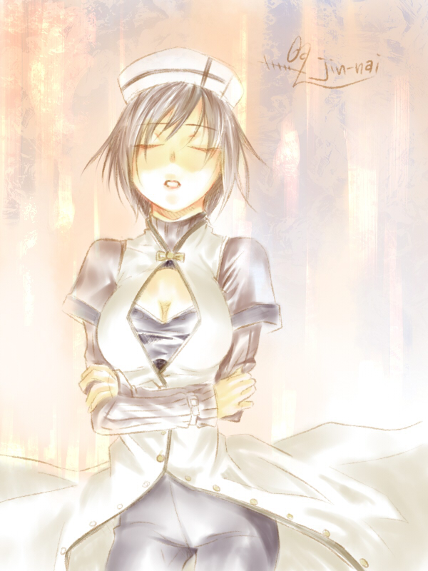 jin nai, rynith, lyrical nanoha, mahou shoujo lyrical nanoha, mahou shoujo lyrical nanoha a's, 00s, 1girl, :o, bodysuit, breasts, cleavage, cleavage cutout, closed eyes, clothing cutout, female focus, forest, large breasts, nature, open mouth, outdoors, skin tight, solo, standing