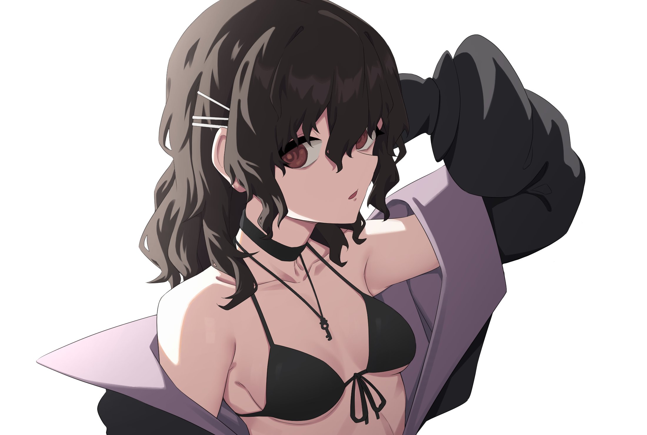 act (xadachit), hatsuchiri (neural cloud), girls' frontline, girls' frontline neural cloud, commentary, english commentary, highres, 1girl, alternate costume, bikini, black bikini, black choker, black hair, black jacket, breasts, choker, collarbone, from side, front-tie bikini top, front-tie top, hair between eyes, jacket, jewelry, key, key necklace, long hair, looking at viewer, necklace, off shoulder, open clothes, open jacket, open mouth, red eyes, sidelocks, simple background, small breasts, solo, string bikini, swimsuit, upper body, white background