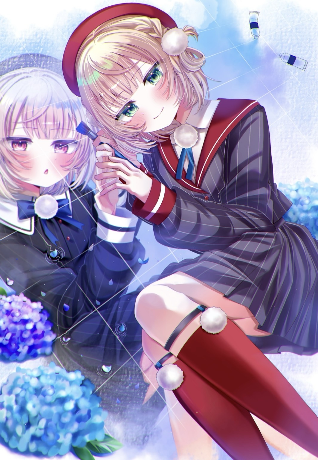 shigure ui (vtuber), shigure ui (vtuber) (1st costume), ui (voisona), indie virtual youtuber, voisona, commentary request, highres, 2girls, art brush, ayaka 071115, beret, black hat, black skirt, blonde hair, blue bow, blue bowtie, blue ribbon, blurry, blurry foreground, blush, bow, bowtie, braid, brown hair, buttons, closed mouth, collared shirt, depth of field, dress shirt, flower, green eyes, grey jacket, grey skirt, hair rings, hat, holding, holding hands, holding paintbrush, hydrangea, jacket, kneehighs, legwear garter, long sleeves, looking at viewer, miniskirt, multiple girls, neck ribbon, paintbrush, parted lips, pinstripe jacket, pinstripe pattern, pinstripe skirt, pleated skirt, pom pom (clothes), red eyes, red hat, red sailor collar, red socks, ribbon, ringed eyes, sailor collar, school uniform, shirt, short hair, side braid, side part, side up ring, skirt, sleeve cuffs, smile, socks, swept bangs, triangle mouth, virtual youtuber, white shirt