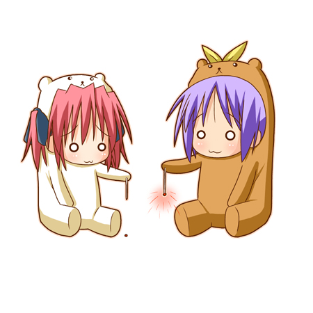 minami (colorful palette), bear tsukasa, bear yutaka, capybara-san, hiiragi tsukasa, kobayakawa yutaka, lucky star, lowres, 00s, 2girls, :3, animal costume, bear costume, chibi, fireworks, multiple girls, o o, purple hair, red hair, senkou hanabi, short hair, simple background, sitting, sparkler