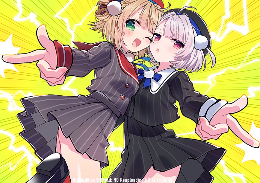 zest (lossol), shigure ui (vtuber), shigure ui (vtuber) (1st costume), ui (voisona), indie virtual youtuber, voisona, commentary request, 2girls, ;d, ahoge, beret, black hat, black jacket, black shoes, black skirt, blonde hair, blue bow, blue bowtie, blue ribbon, blunt bangs, blush, bow, bowtie, braid, buttons, cheek-to-cheek, collared shirt, cowboy shot, double-breasted, dress shirt, electricity, electrokinesis, emphasis lines, expressionless, finger beam, finger gun, green eyes, grey hair, grey jacket, grey skirt, hair ornament, hair rings, hat, heads together, jacket, long sleeves, miniskirt, multiple girls, neck ribbon, one eye closed, open mouth, pinstripe jacket, pinstripe pattern, pinstripe skirt, pleated skirt, pointing, pointing at viewer, pom pom (clothes), pom pom hair ornament, red eyes, red hat, red sailor collar, red socks, ribbon, sailor collar, school uniform, shirt, shoes, short hair, side braid, side part, side up ring, skirt, sleeve cuffs, smile, socks, two side up, upskirt, virtual youtuber, white shirt, yellow background