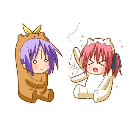minami (colorful palette), bear tsukasa, bear yutaka, capybara-san, hiiragi tsukasa, kobayakawa yutaka, lucky star, lowres, > <, 00s, 2girls, :3, animal costume, bear costume, bug, chibi, closed eyes, fly, insect, mosquito, motion blur, multiple girls, o o, open mouth, purple hair, red hair, scratches, scratching, short hair, simple background, sitting, waving, x3