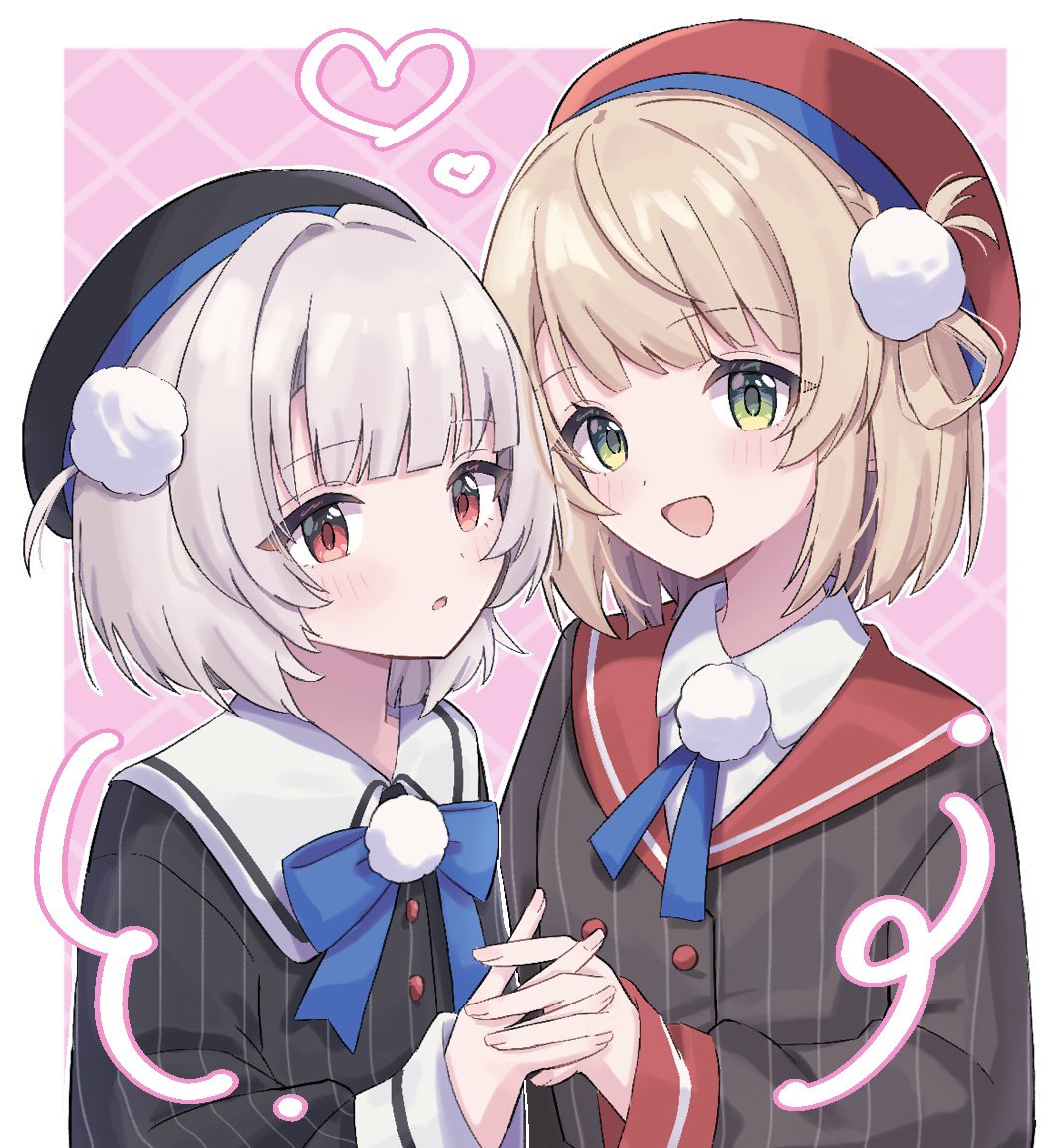 shigure ui (vtuber), shigure ui (vtuber) (1st costume), ui (voisona), indie virtual youtuber, voisona, 2girls, :d, beret, black hat, black jacket, blonde hair, blue bow, blue bowtie, blue ribbon, blush, bow, bowtie, braid, collared shirt, dress shirt, embarrassed, green eyes, grey hair, grey jacket, hair ornament, hair rings, hat, heart, height difference, holding hands, interlocked fingers, jacket, kuromoko, long sleeves, looking at viewer, multiple girls, neck ribbon, open mouth, pink background, pinstripe jacket, pinstripe pattern, pom pom (clothes), pom pom hair ornament, red eyes, red hat, red sailor collar, ribbon, sailor collar, school uniform, shirt, short hair, side braid, side part, side up ring, sleeve cuffs, smile, two side up, upper body, virtual youtuber, white shirt