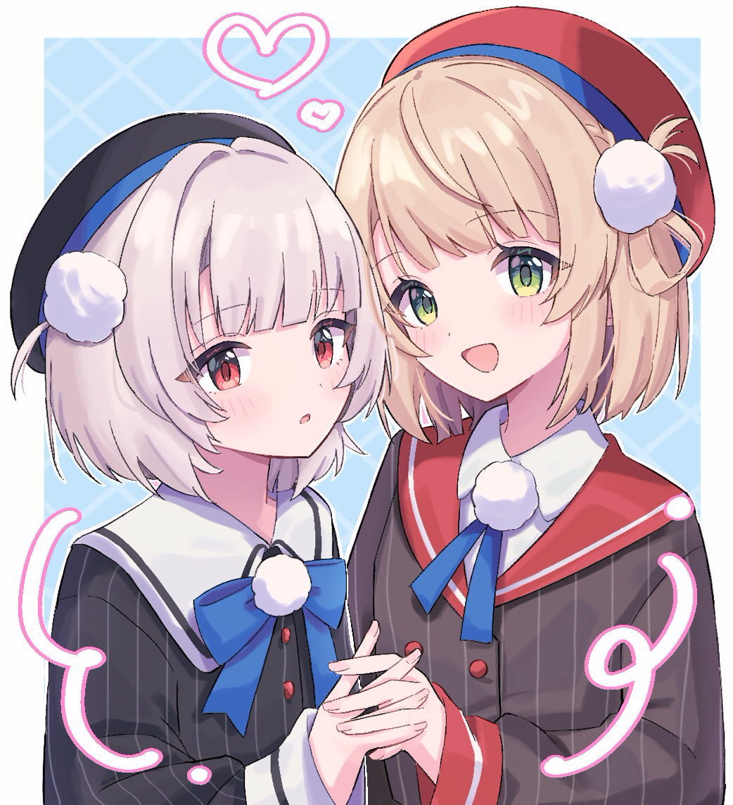 shigure ui (vtuber), shigure ui (vtuber) (1st costume), ui (voisona), indie virtual youtuber, voisona, 2girls, :d, beret, black hat, black jacket, blonde hair, blue background, blue bow, blue bowtie, blue ribbon, blush, bow, bowtie, braid, collared shirt, dress shirt, embarrassed, green eyes, grey hair, grey jacket, hair ornament, hair rings, hat, heart, height difference, holding hands, interlocked fingers, jacket, kuromoko, long sleeves, looking at viewer, multiple girls, neck ribbon, open mouth, pinstripe jacket, pinstripe pattern, pom pom (clothes), pom pom hair ornament, red eyes, red hat, red sailor collar, ribbon, sailor collar, school uniform, shirt, short hair, side braid, side part, side up ring, sleeve cuffs, smile, two side up, upper body, virtual youtuber, white shirt