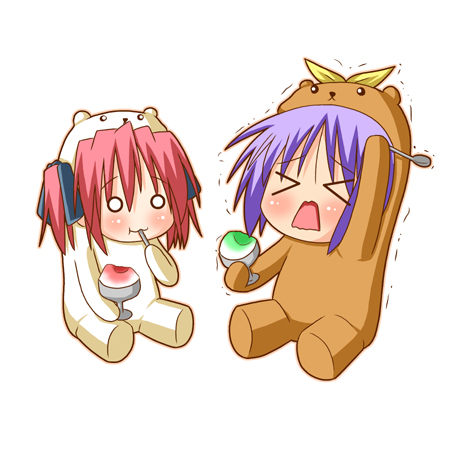 minami (colorful palette), bear tsukasa, bear yutaka, capybara-san, hiiragi tsukasa, kobayakawa yutaka, lucky star, lowres, > <, 00s, 2girls, animal costume, bear costume, brain freeze, chibi, closed eyes, eating, food, holding, holding spoon, multiple girls, o o, open mouth, puffy cheeks, purple hair, red hair, shaved ice, short hair, simple background, sitting, spoon, trembling