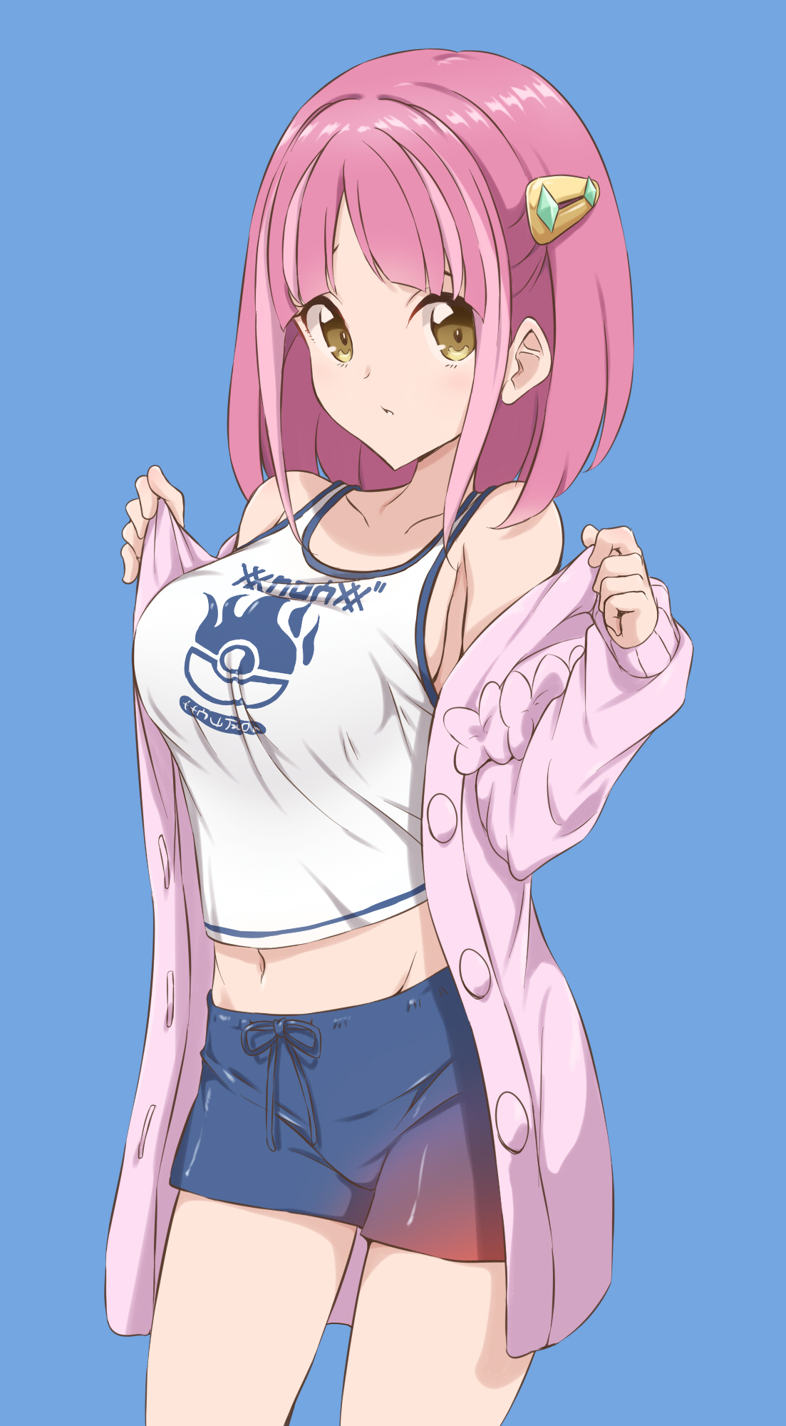 izuna masaru, lacey (pokemon), nintendo, pokemon, pokemon sv, highres, 1girl, alternate breast size (larger), blue background, blue shorts, breasts, cowboy shot, crop top, hair ornament, jacket, looking at viewer, medium breasts, medium hair, midriff, navel, off shoulder, parted lips, pink hair, pink jacket, short shorts, shorts, simple background, solo, tank top, white tank top, yellow eyes