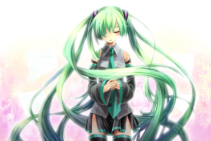 kiri nada, hatsune miku, vocaloid, closed eyes, detached sleeves, hair over one eye, long hair, necktie, skirt, solo, thighhighs, twintails, very long hair