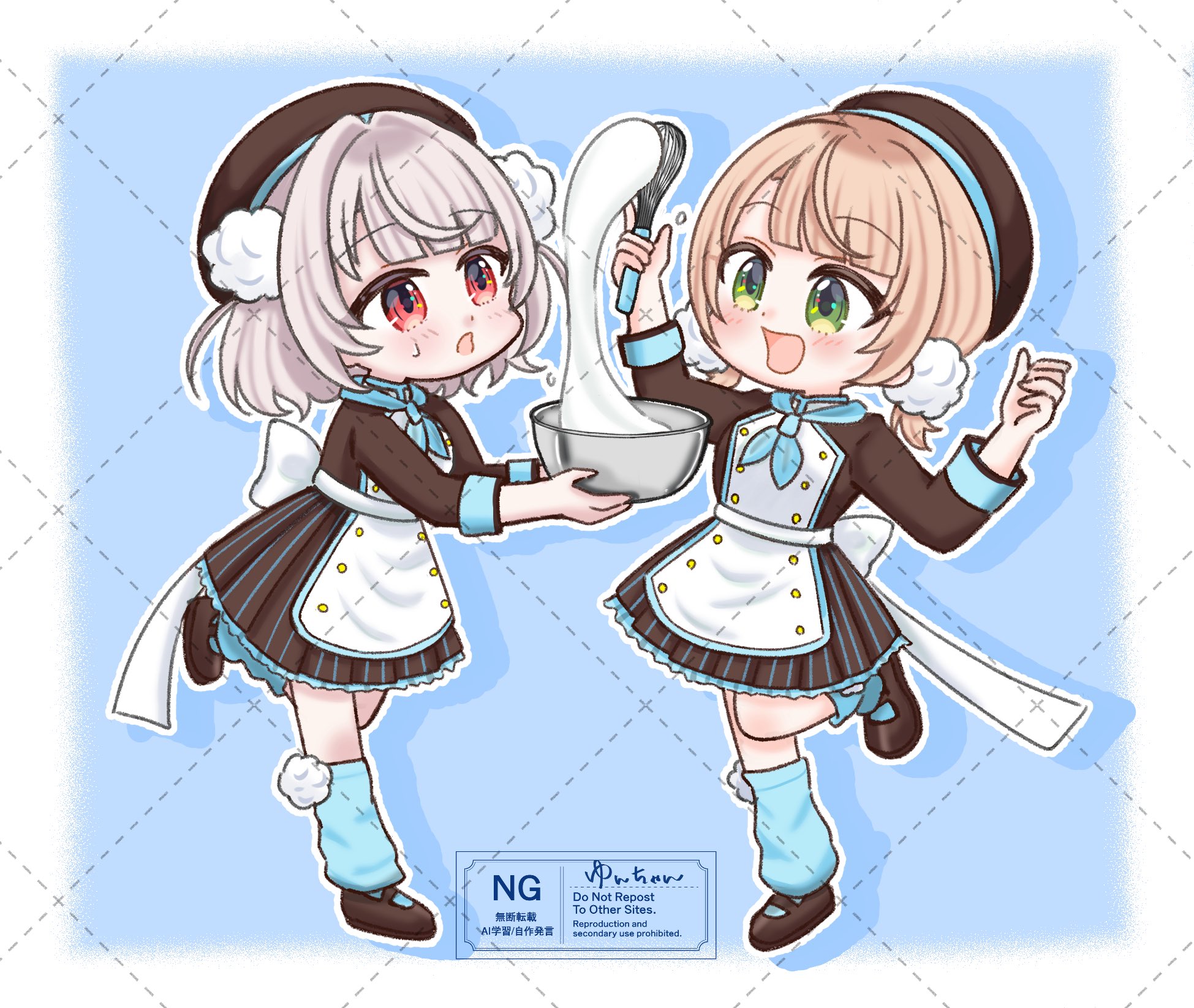 shigure ui (vtuber), ui (voisona), indie virtual youtuber, voisona, commentary request, highres, 2girls, alternate costume, apron, back bow, black hat, black jacket, black skirt, blonde hair, blue neckerchief, blue socks, blunt bangs, bow, breasts, buttons, chibi, chibi only, cooking, double-breasted, full body, green eyes, grey hair, hair ornament, hat, holding, holding whisk, invisible floor, jacket, large breasts, long sleeves, looking at object, loose socks, low twintails, miniskirt, mixing bowl, multiple girls, neckerchief, pinstripe pattern, pinstripe skirt, pleated skirt, pom pom (clothes), pom pom hair ornament, red eyes, short hair, short twintails, side part, skirt, sleeve cuffs, small sweatdrop, socks, standing, standing on one leg, twintails, two side up, virtual youtuber, waist apron, whisk, yun-chan (c d396)