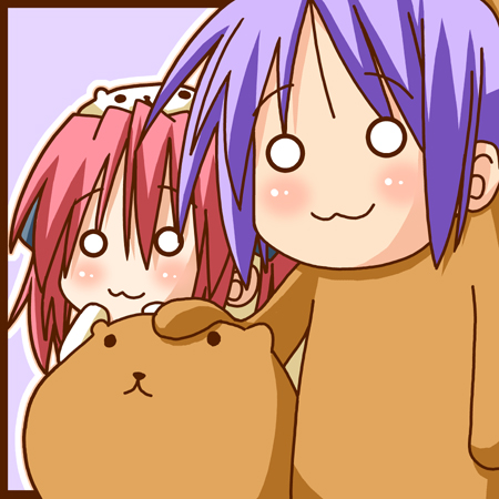 minami (colorful palette), bear tsukasa, bear yutaka, capybara-san, hiiragi tsukasa, kobayakawa yutaka, lucky star, lowres, 00s, 2girls, :3, animal costume, bear costume, chibi, female focus, hands on another's face, hands on own face, multiple girls, o o, purple hair, red hair, short hair