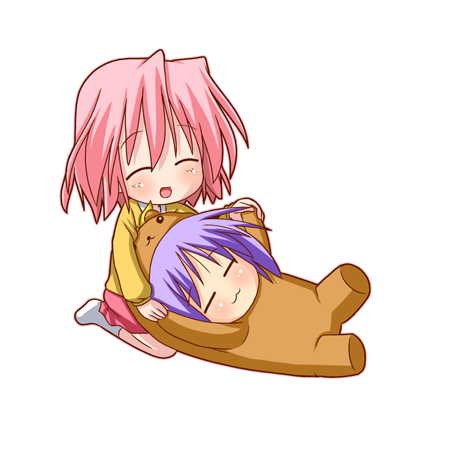 minami (colorful palette), bear tsukasa, capybara-san, hiiragi tsukasa, takara yukari, lucky star, lowres, 00s, 2girls, :3, :d, animal costume, bear costume, chibi, closed eyes, holding hands, lap pillow, lying, mature female, multiple girls, on back, open mouth, pink hair, purple hair, short hair, simple background, smile