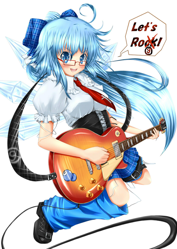 kantarou (nurumayutei), cirno, touhou, bad id, bad pixiv id, 1girl, ahoge, alternate hairstyle, bespectacled, blue eyes, blue hair, blush, bow, breasts, circled 9, detached pants, english text, female focus, glasses, guitar, instrument, leg warmers, long hair, matching hair/eyes, necktie, open mouth, plaid clothes, plaid skirt, pleated skirt, skirt, solo, wings