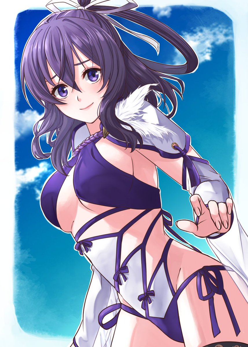 runrui kaku, miyamoto musashi (fate), miyamoto musashi (fate/grand order), miyamoto musashi (swimsuit berserker) (fate), miyamoto musashi (swimsuit berserker) (third ascension) (fate), rixia mao, ao no kiseki, eiyuu densetsu, fate/grand order, fate (series), zero no kiseki, commentary request, commission, highres, skeb commission, 1girl, blue sky, border, breasts, closed mouth, cosplay, cowboy shot, hair between eyes, hair rings, large breasts, looking at viewer, medium hair, miyamoto musashi (swimsuit berserker) (fate) (cosplay), outside border, panties, purple eyes, purple hair, purple panties, revealing clothes, side-tie panties, single hair ring, sky, solo, underwear, white border