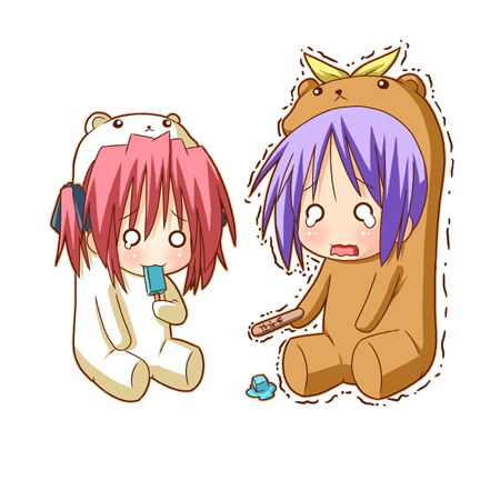 minami (colorful palette), bear tsukasa, bear yutaka, capybara-san, hiiragi tsukasa, kobayakawa yutaka, lucky star, lowres, 00s, 2girls, :3, animal costume, bear costume, chibi, eating, food, multiple girls, o o, open mouth, popsicle, purple hair, red hair, short hair, simple background, sitting, tears, trembling