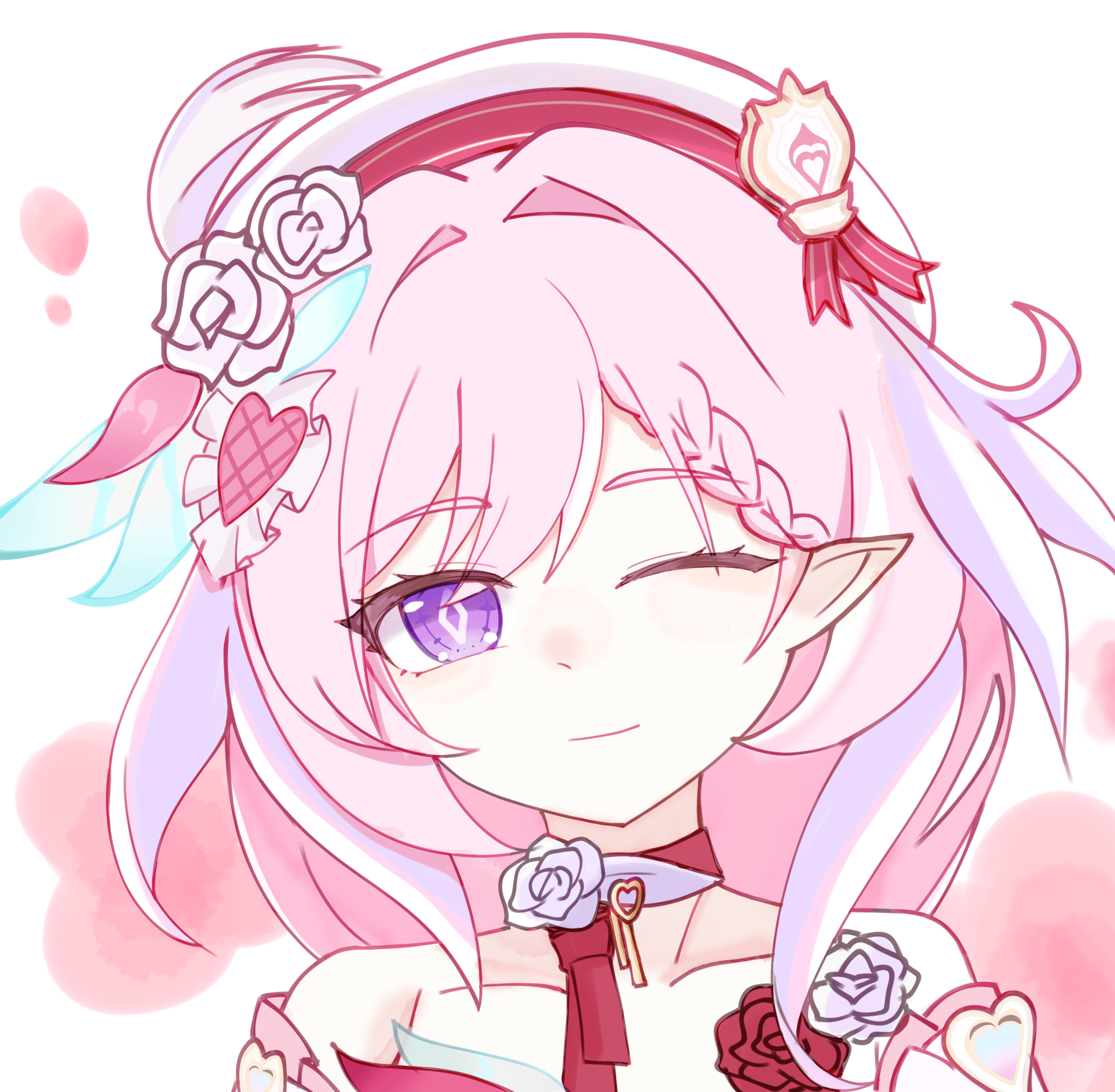 elysia (hi love elf) (honkai impact), elysia (honkai impact), honkai (series), honkai impact 3rd, chinese commentary, commentary request, highres, 1girl, ;), bare shoulders, beret, diamond-shaped pupils, diamond (shape), elf, hat, long hair, looking at viewer, multicolored hair, one eye closed, onehourzero, pink hair, pointy ears, purple eyes, smile, solo, symbol-shaped pupils, two-tone hair, upper body, white hair