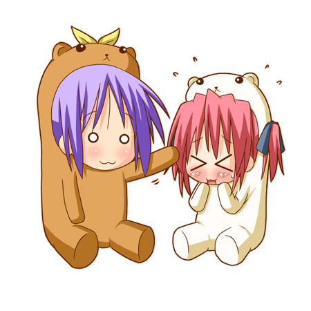 minami (colorful palette), bear tsukasa, bear yutaka, capybara-san, hiiragi tsukasa, kobayakawa yutaka, lucky star, lowres, > <, 00s, 2girls, :3, animal costume, bear costume, blush, chibi, closed eyes, headpat, multiple girls, o o, purple hair, red hair, short hair, simple background, sitting, x3