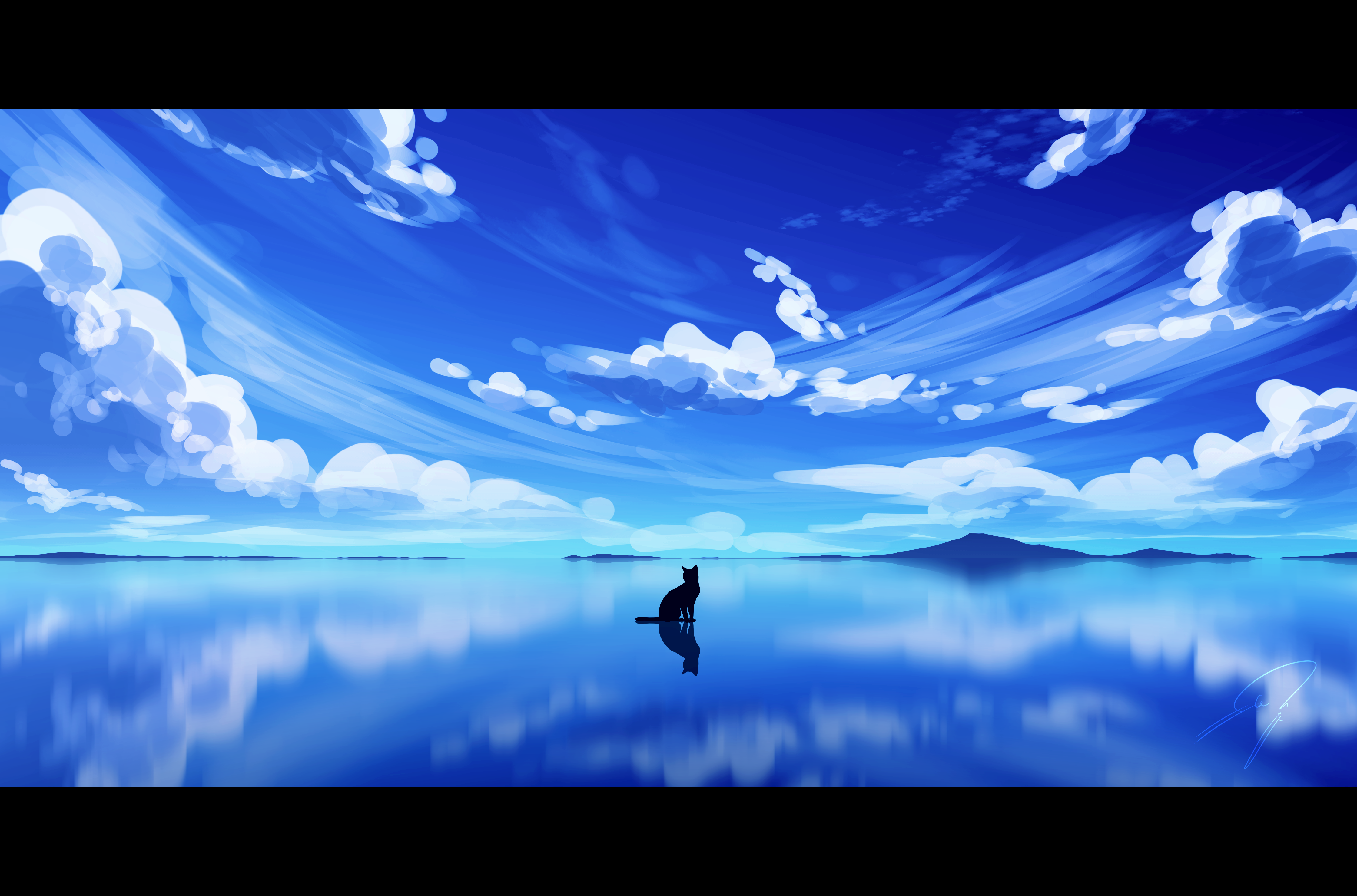 nengoro, original, absurdres, commentary request, highres, blue sky, cat, cloud, day, horizon, letterboxed, no humans, outdoors, reflection, reflective surface, scenery, signature, silhouette, sky, sky focus, watermark