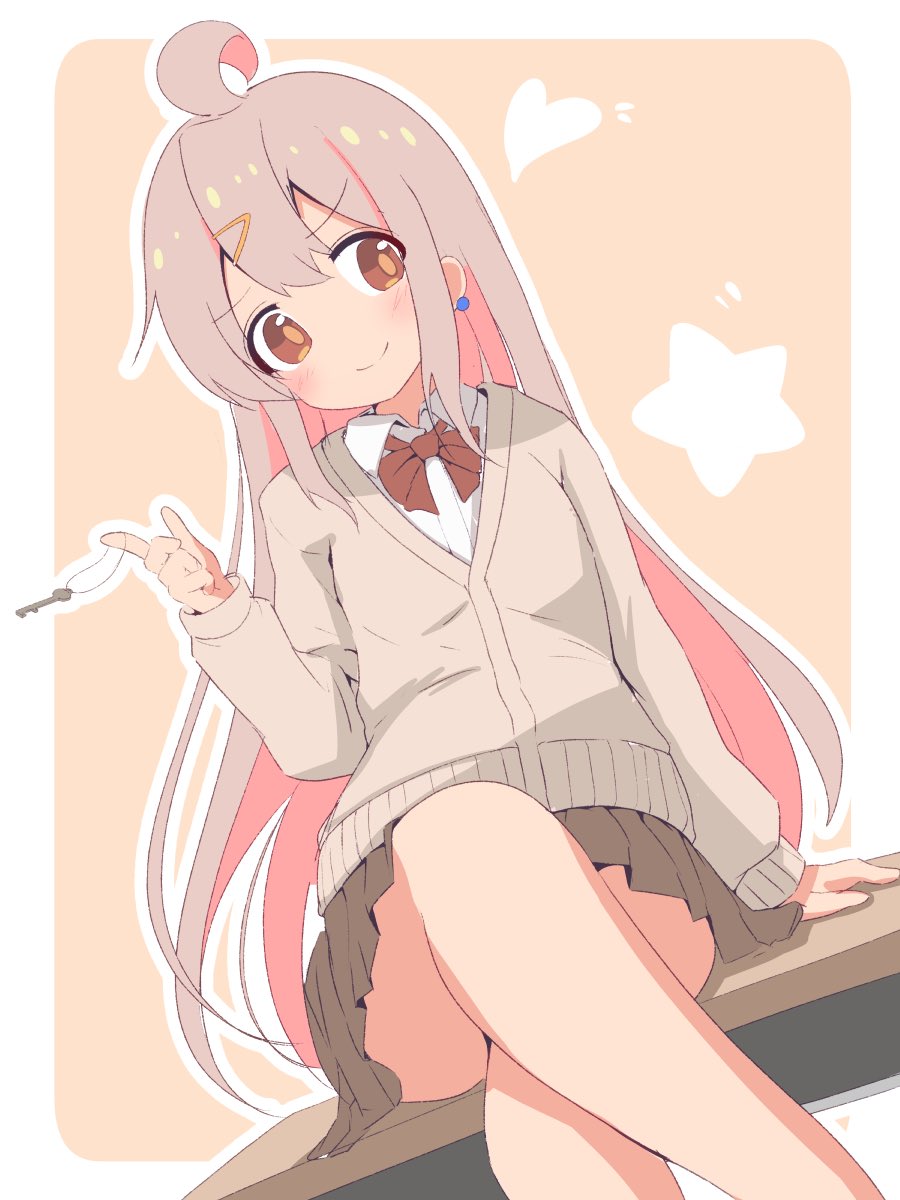 unkimo, oyama mahiro, onii-chan wa oshimai!, commentary, highres, 1girl, ahoge, bare legs, black skirt, blush, bow, bowtie, brown eyes, crossed legs, desk, earrings, hair between eyes, hair ornament, hairclip, heart, index finger raised, jacket, jewelry, key, long hair, long sleeves, looking at viewer, miniskirt, on desk, outline, pink hair, pleated skirt, red bow, red bowtie, school desk, shirt, simple background, sitting, skirt, smile, solo, star (symbol), very long hair, white outline, white shirt, wing collar