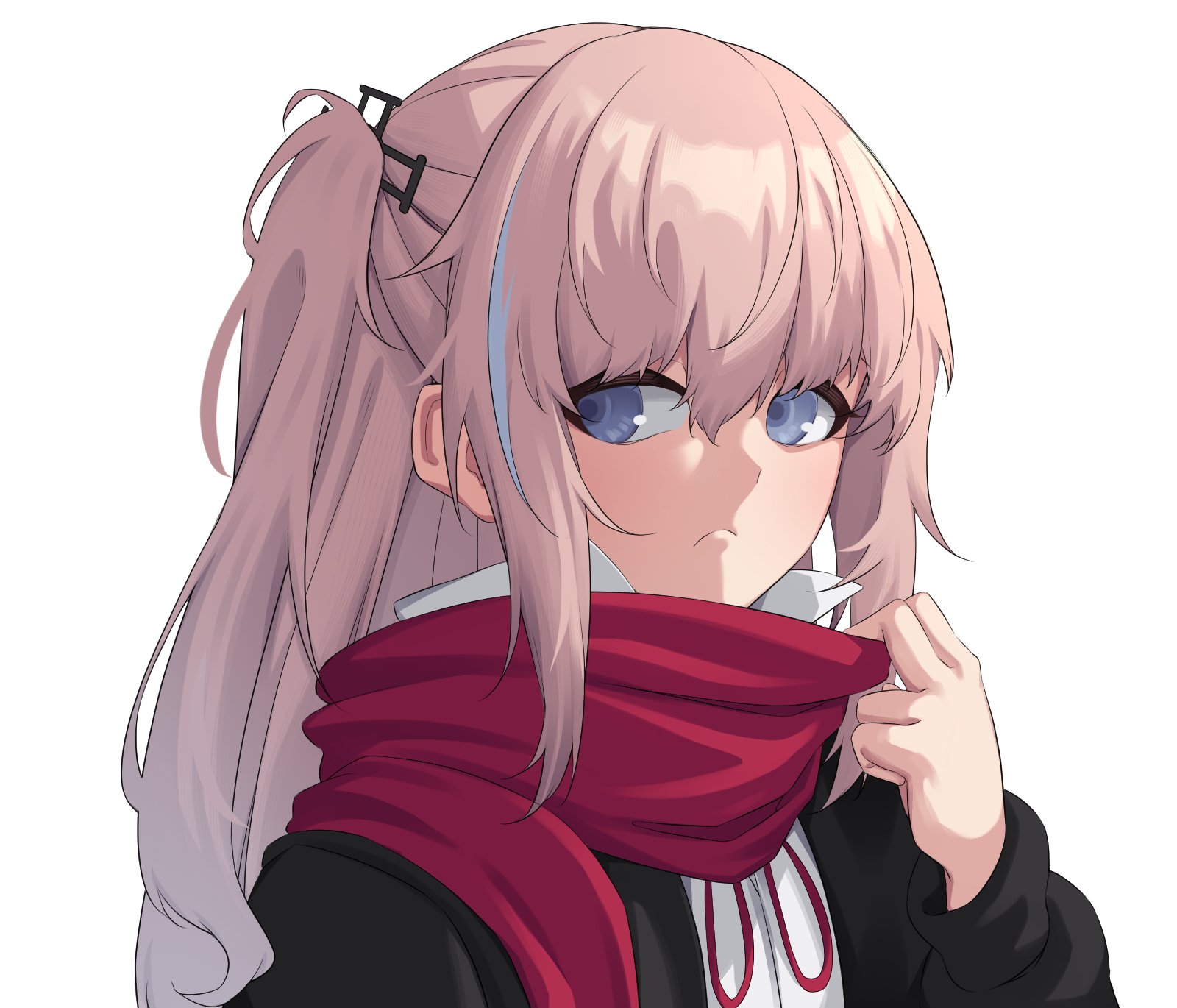 act (xadachit), st ar-15 (girls' frontline), st ar-15 (literary girl) (girls' frontline), girls' frontline, commentary, english commentary, highres, 1girl, adjusting scarf, black jacket, blue eyes, blue hair, collared shirt, dress shirt, frown, hair between eyes, jacket, long hair, long sleeves, looking at viewer, multicolored hair, neck ribbon, official alternate costume, one side up, pink hair, red ribbon, red scarf, ribbon, scarf, shirt, sidelocks, simple background, solo, streaked hair, upper body, white background, white shirt