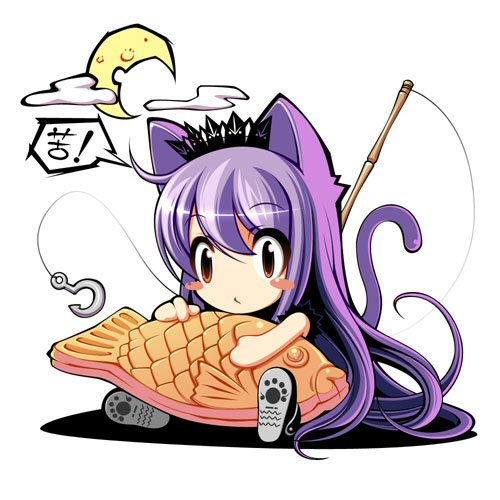 jpeg artifacts, lowres, 1girl, animal ears, blush stickers, brown eyes, chibi, crown, female focus, fish hook, fishing rod, food, full body, long hair, moon, purple hair, red eyes, shoes, simple background, solo, tail, taiyaki, wagashi