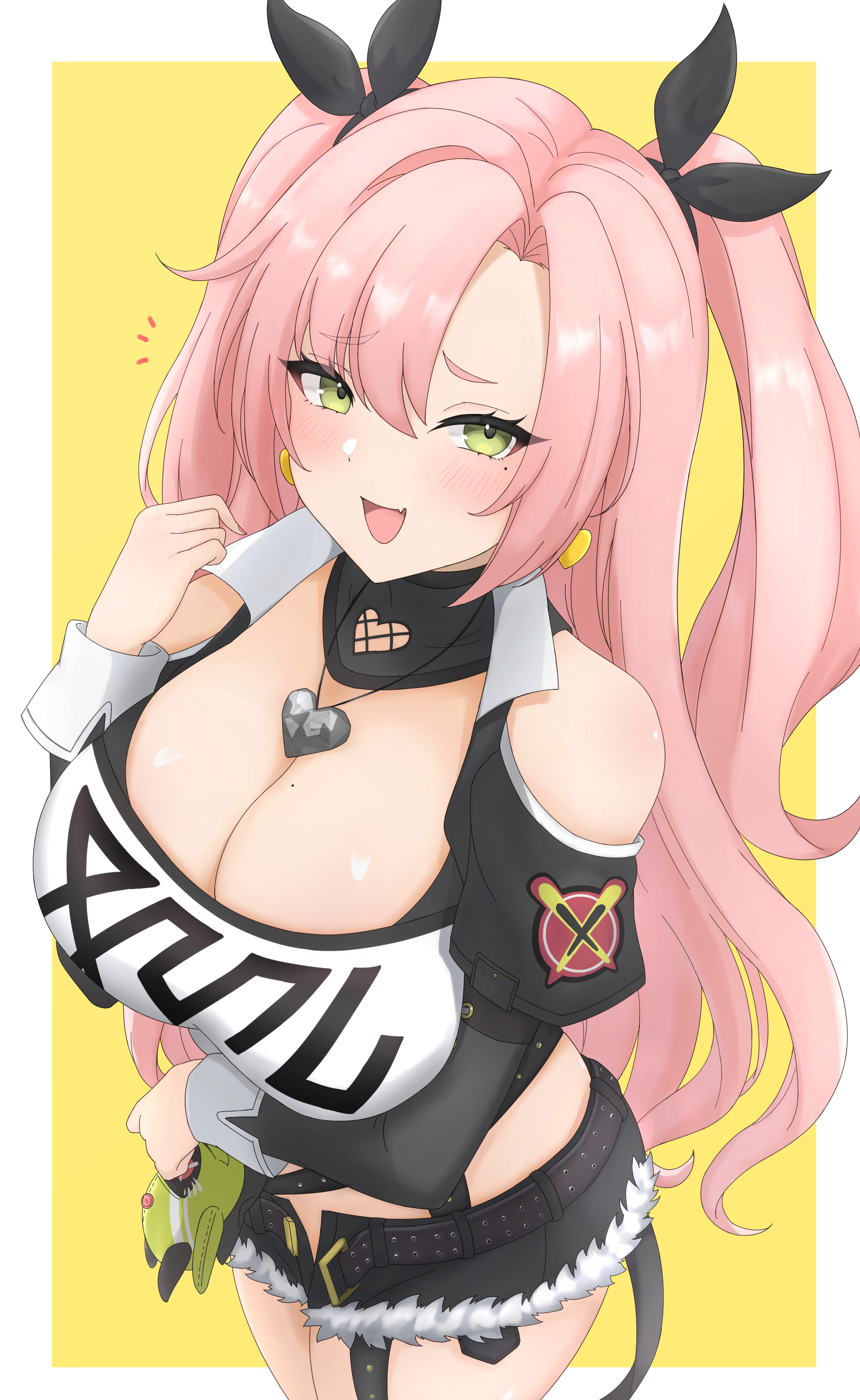wachikumori, amillion (zenless zone zero), bangboo (zenless zone zero), nicole demara, zenless zone zero, absurdres, highres, 1girl, :d, arm under breasts, belt, black belt, black shorts, blush, border, breasts, cleavage, crop top, earrings, fang, fur-trimmed shorts, fur trim, green eyes, hair ribbon, hand up, heart, heart earrings, jewelry, large breasts, long hair, looking at viewer, midriff, mole, mole on breast, mole under eye, open mouth, pendant, pink hair, raised eyebrows, ribbon, short shorts, shorts, smile, solo, two side up, very long hair, white border, yellow background