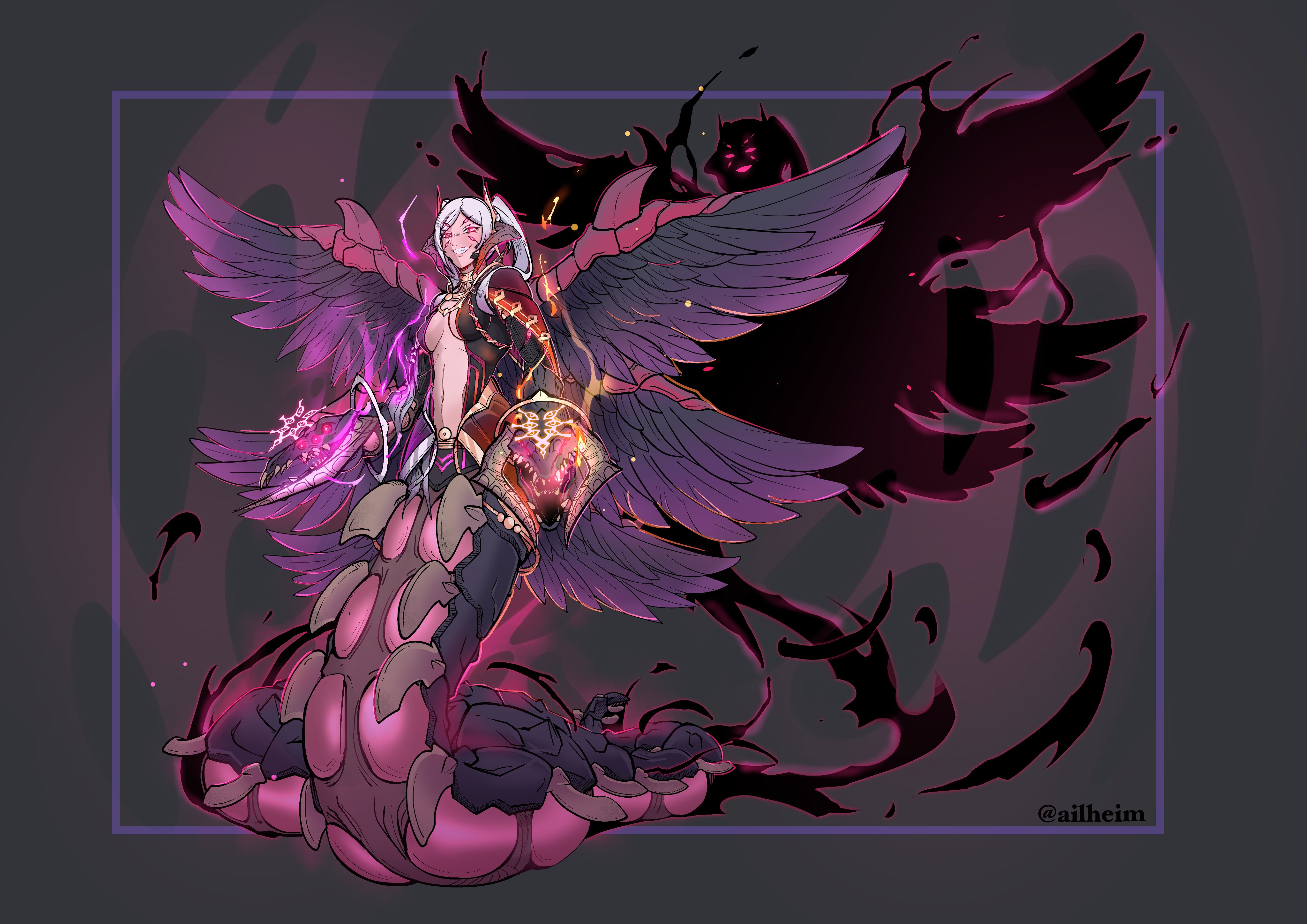ailheim, female robin (fire emblem), female robin (grima) (fire emblem), female robin (grima) (tyrant of despair) (fire emblem), validar (fire emblem), fire emblem, fire emblem awakening, fire emblem cipher, fire emblem heroes, nintendo, absurdres, highres, 1girl, alternate costume, armor, aura, black feathers, black robe, black scales, black tail, black wings, breasts, breath weapon, breathing fire, bright pupils, center opening, clothing cutout, corruption, cosplay, covered erect nipples, dark aura, dark persona, dragon, dragon girl, dragon horns, dragon tail, evil grin, evil smile, extra eyes, eyes of grima, faulds, feathered wings, feathers, fire, full body, glowing, glowing eyes, glowing markings, gold necklace, gorgon (fire emblem), gradient clothes, gradient wings, grin, hair between eyes, half-closed eyes, high collar, hip armor, horns, jewelry, lamia, living shadow, long tail, medium breasts, monster girl, multicolored wings, multiple heads, multiple wings, navel, navel cutout, neck ring, necklace, parted bangs, possessed, purple feathers, purple fire, purple wings, red eyes, robe, scales, shadow, sharp teeth, sidelocks, slit pupils, smile, solo, spread wings, stomach, swept bangs, tail, teeth, twintails, underboob, validar (fire emblem) (cosplay), white hair, white pupils, wings