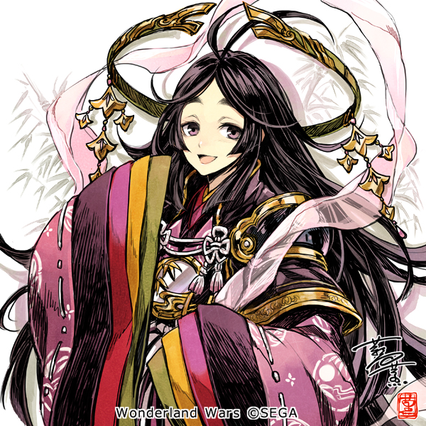 hagiya kaoru, wonderland wars, official art, 1girl, :d, antenna hair, black hair, company name, copyright name, copyright notice, hand up, japanese clothes, kaguya (wonderland wars), kimono, looking at viewer, open mouth, purple eyes, signature, sleeves past fingers, sleeves past wrists, smile, solo, upper body, white background