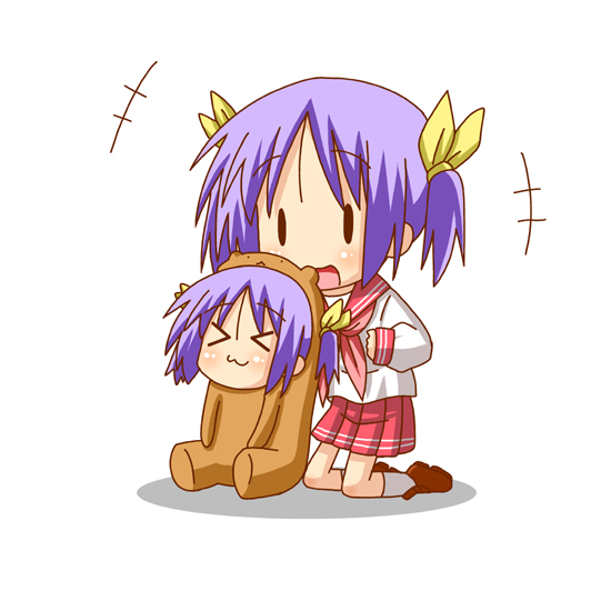 minami (colorful palette), bear tsukasa, capybara-san, hiiragi tsukasa, lucky star, > <, 00s, 2girls, :3, animal costume, bear costume, chibi, closed eyes, front to back, hair ribbon, kneeling, loafers, multiple girls, open mouth, purple hair, ribbon, school uniform, serafuku, shoes, short hair, short twintails, simple background, sitting, socks, twintails, x3, | |
