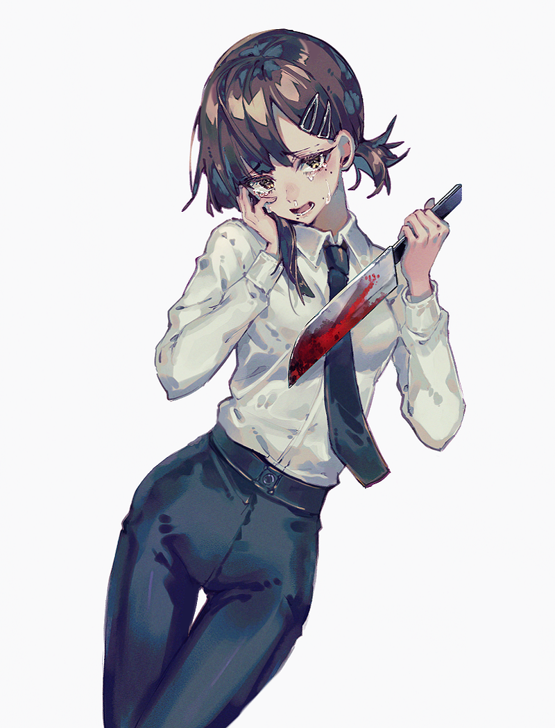 tawan (46okuneeen), higashiyama kobeni, chainsaw man, commentary, 1girl, :o, black hair, black necktie, black pants, blood, bloody knife, breasts, holding, holding knife, kitchen knife, knife, long sleeves, looking at viewer, mole, mole under eye, mole under mouth, multiple moles, necktie, pants, reverse grip, shirt, shirt tucked in, simple background, single sidelock, small breasts, snot, solo, tears, thigh gap, white background, white shirt