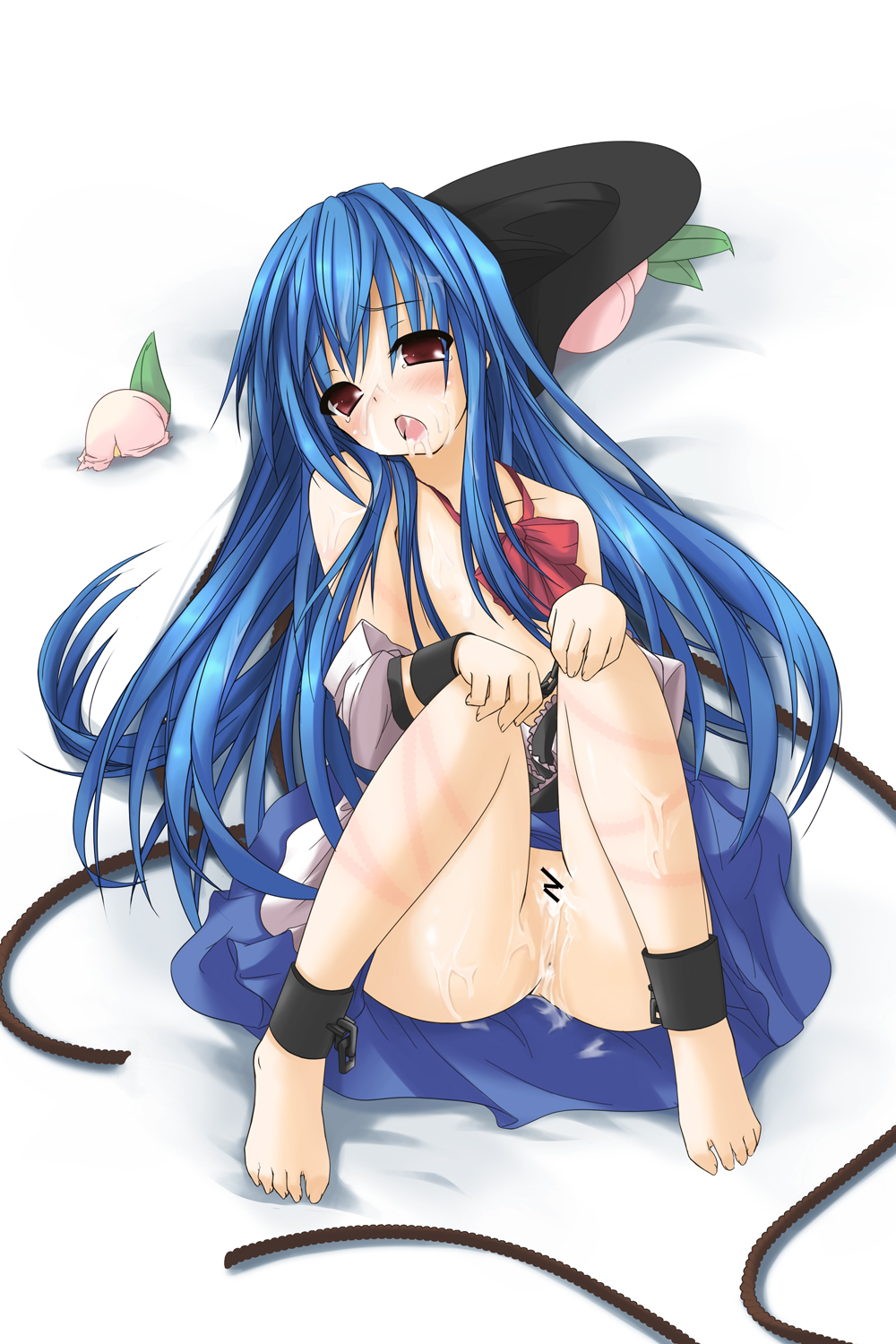 ebisu tarou (pixiv74279), mikago kotaro, hinanawi tenshi, touhou, bad id, bad pixiv id, highres, 1girl, aftersex, barefoot, bdsm, blue hair, bondage, bottomless, bound, censored, cuffs, cum, cum in mouth, cum in pussy, cum on body, empty eyes, facial, feet, female focus, hat, nipples, no panties, red eyes, slave, solo, topless female, unworn hat, unworn headwear, whip marks