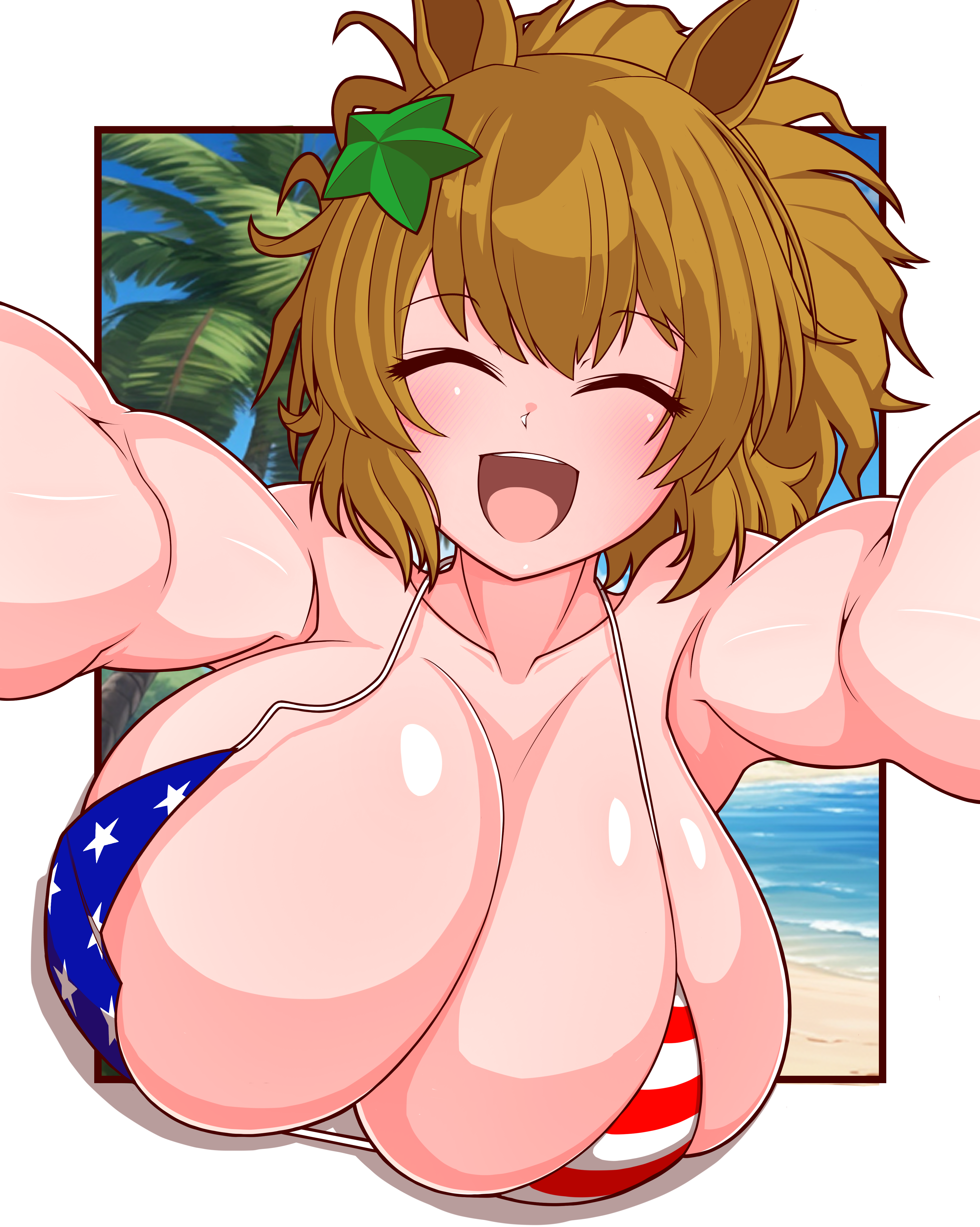 samuraisouru1954, taiki shuttle (umamusume), umamusume, absurdres, highres, 1girl, american flag, american flag bikini, american flag print, animal ears, beach, bikini, breasts, brown hair, cleavage, closed eyes, collarbone, flag print, flag print bikini, fourth wall, hair ornament, horse ears, horse girl, huge breasts, long hair, open mouth, outdoors, outstretched arms, palm tree, ponytail, print bikini, skindentation, smile, solo, star (symbol), star hair ornament, swimsuit, teeth, tree, upper teeth only